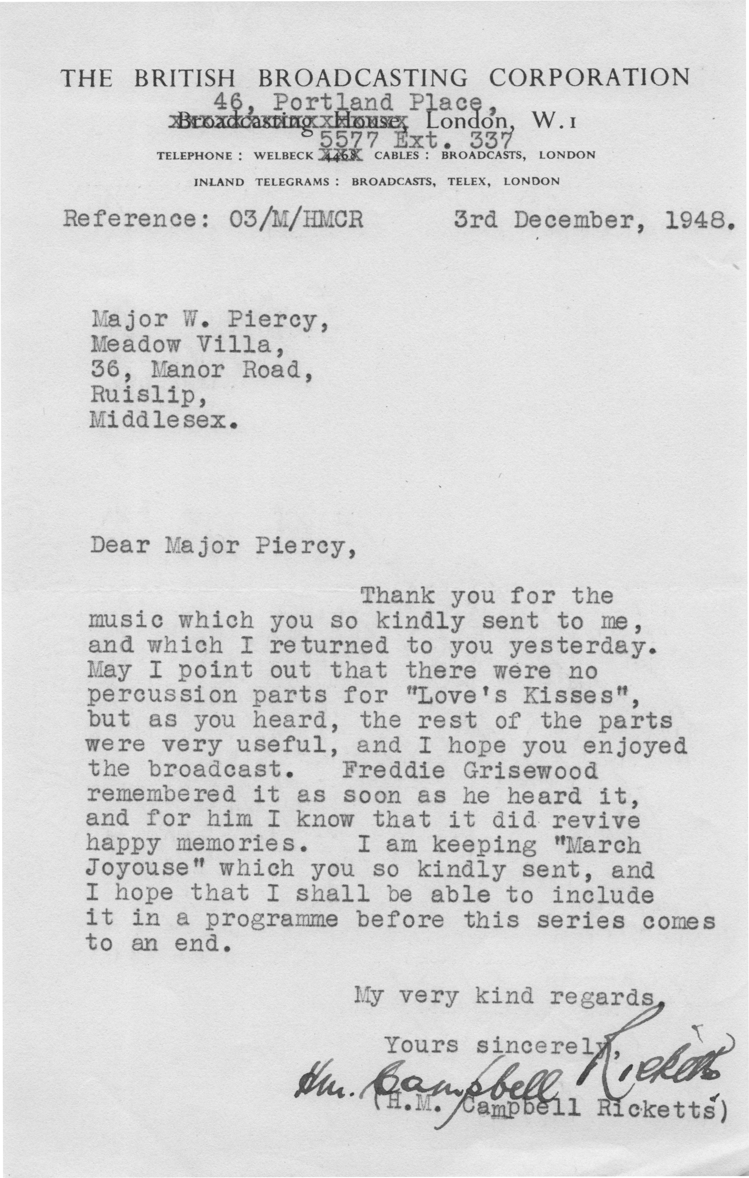 Campbell Ricketts War BBC Military Band Hand Freddie Grisewood Signed Letter