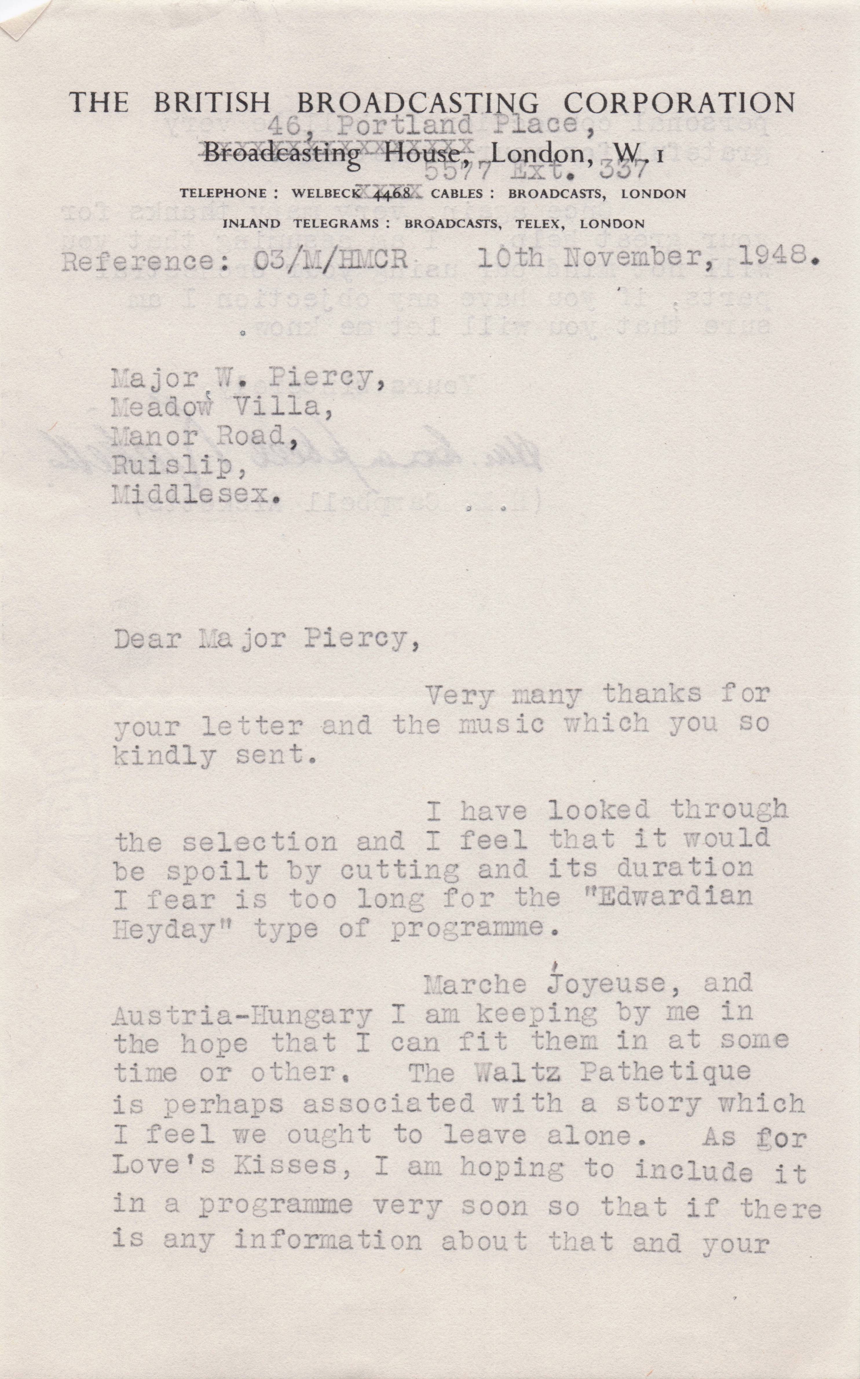 Cambell Ricketts BBC Royal Artillery Band Radio Antique Hand Signed Letter