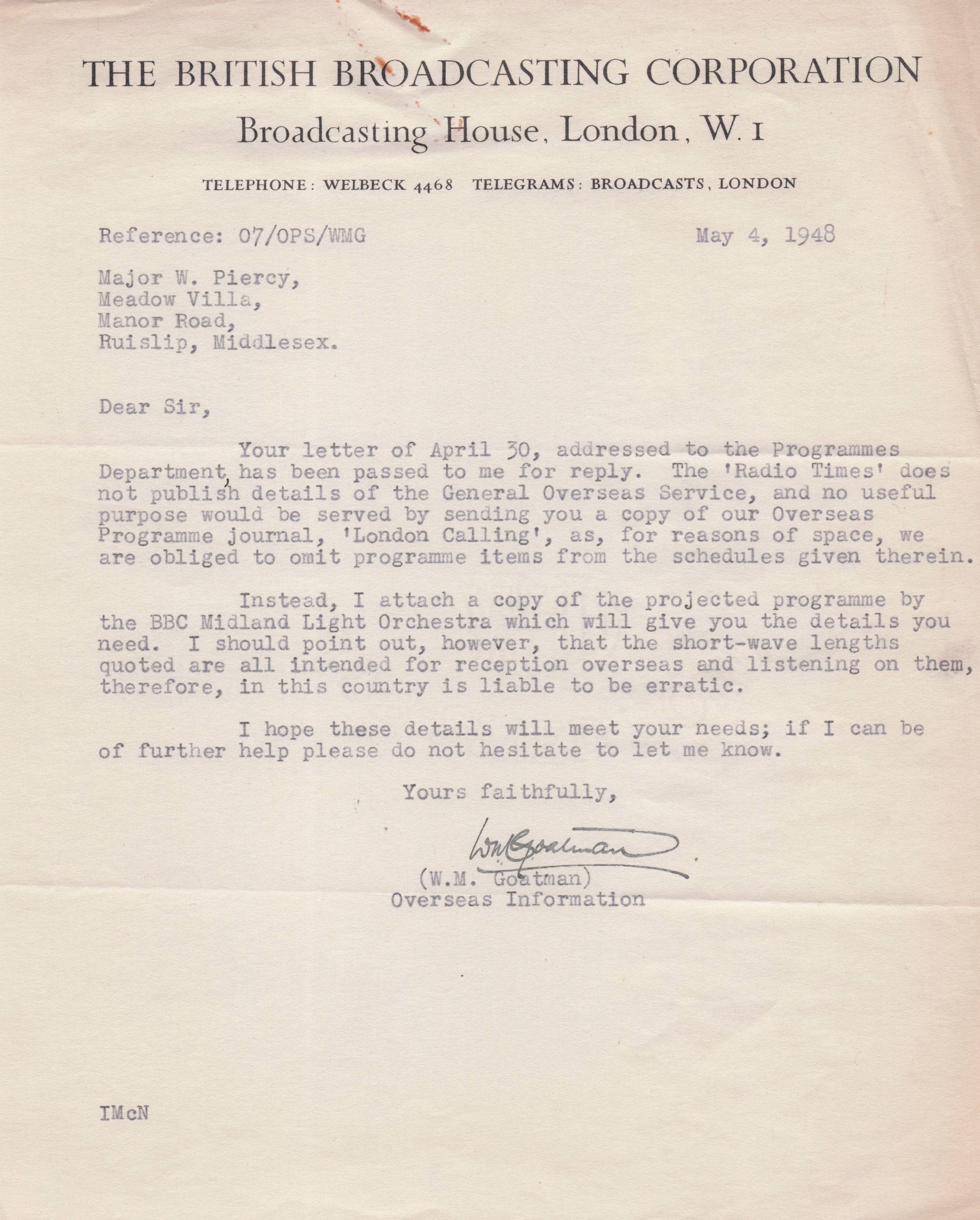 Wilfred Goatman WW2 BBC First Swansea Wales Radio Times Hand Signed Letter