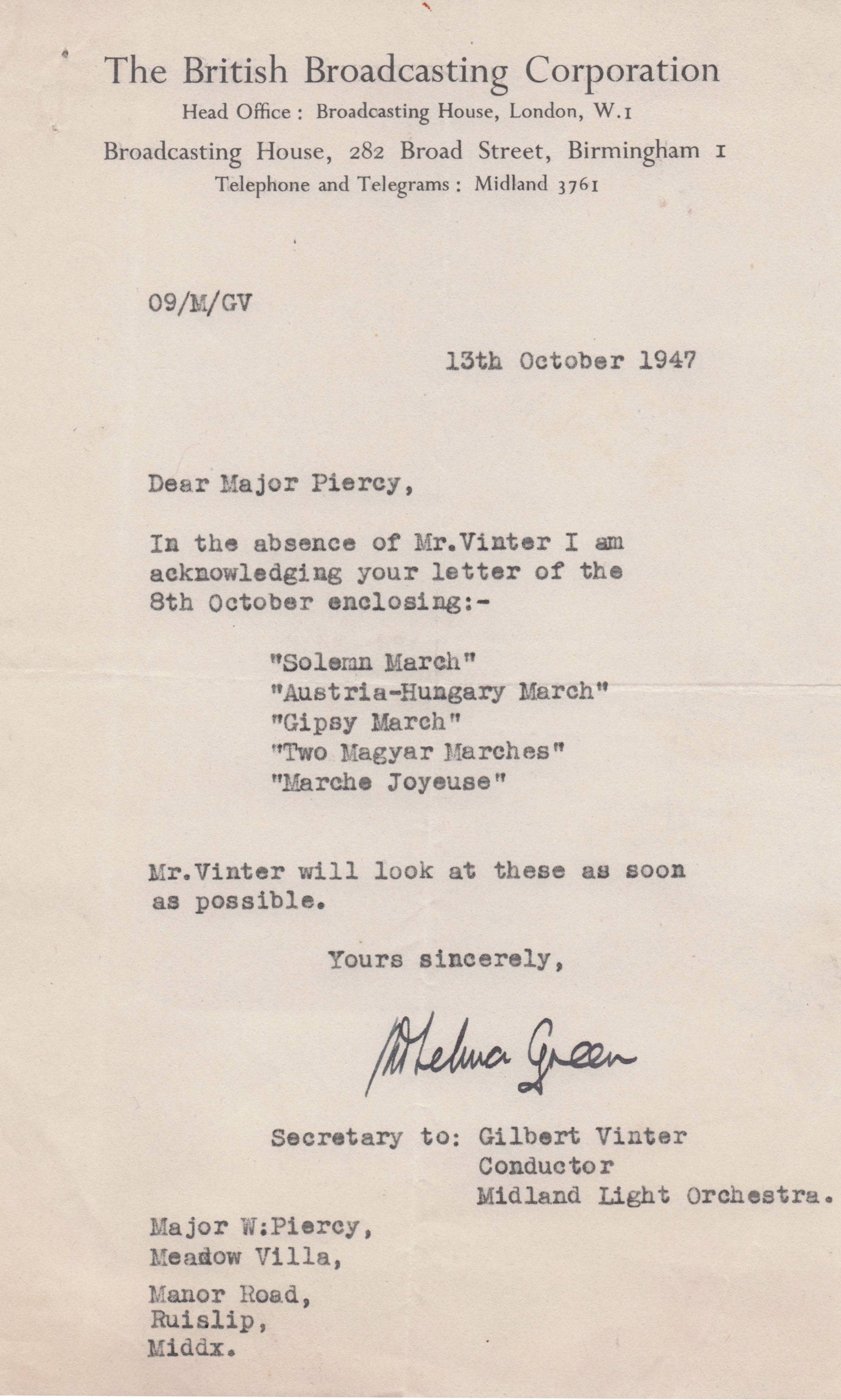 Gilbert Vinter BBC Midland Light Orchestra Secretary Old Hand Signed Letter