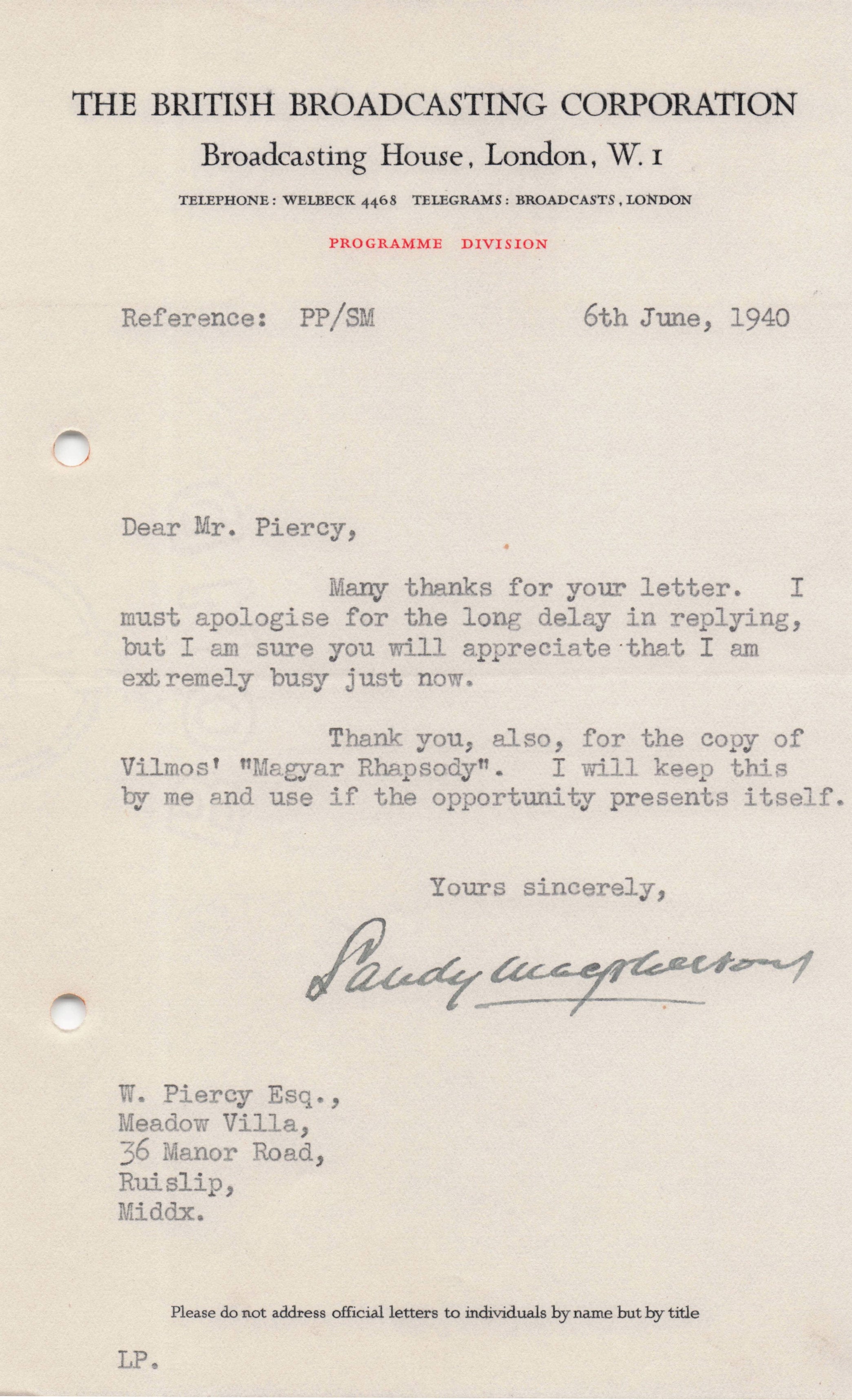 Sandy MacPherson BBC Radio Live Canada WW2 Organ Shows Hand Signed Letter