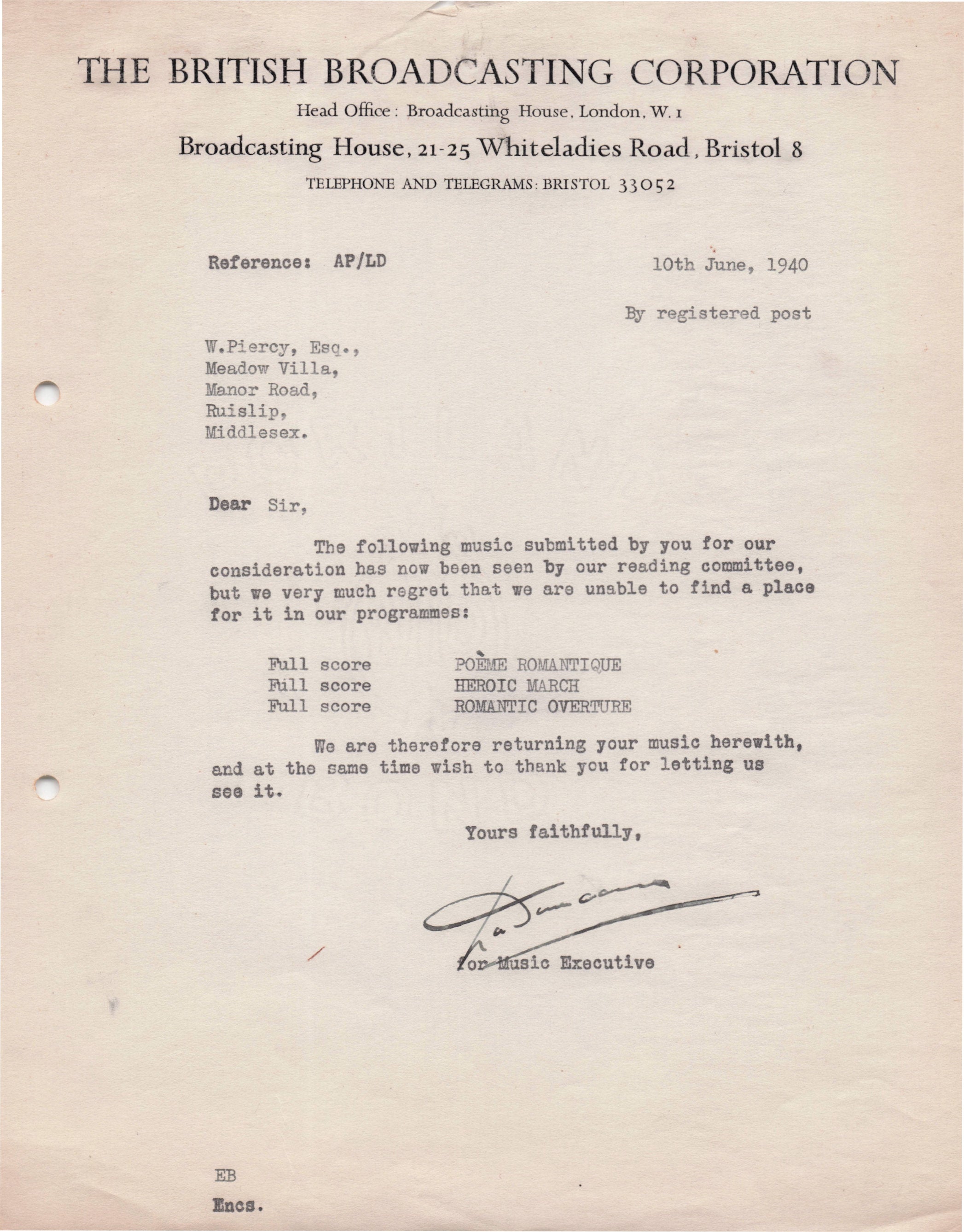 L.A.Duncan BBC 1940s Radio Curator WW2 Sheet Music Hand Signed Letter