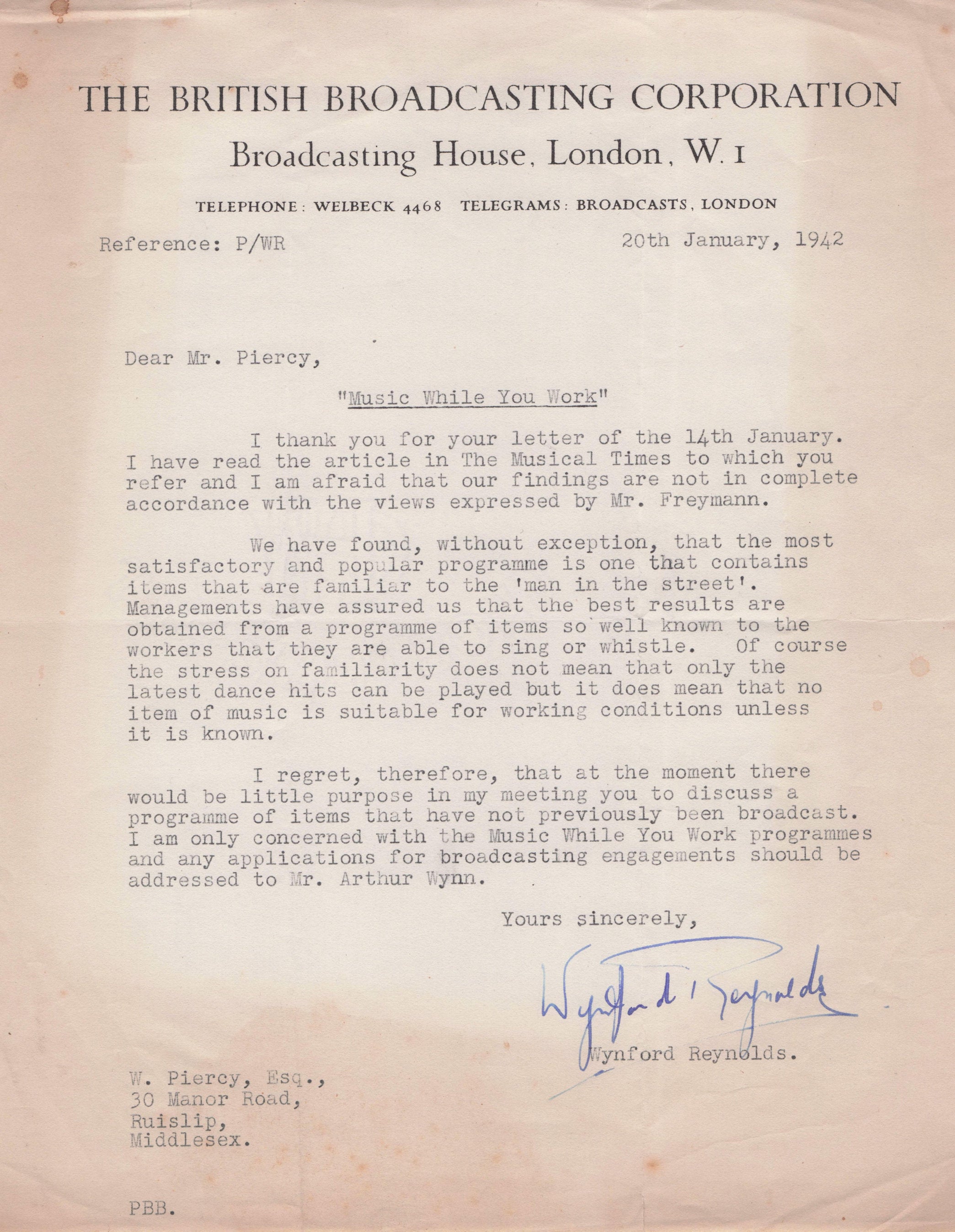Wynford Reynolds Music While You Work BBC War WW2 Radio Hand Signed Letter