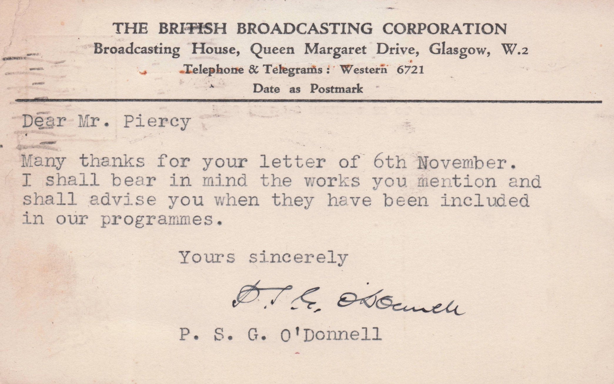 Major Percy PSG O'Donnell BBC Military WW2 Radio 1942 Hand Signed Postcard