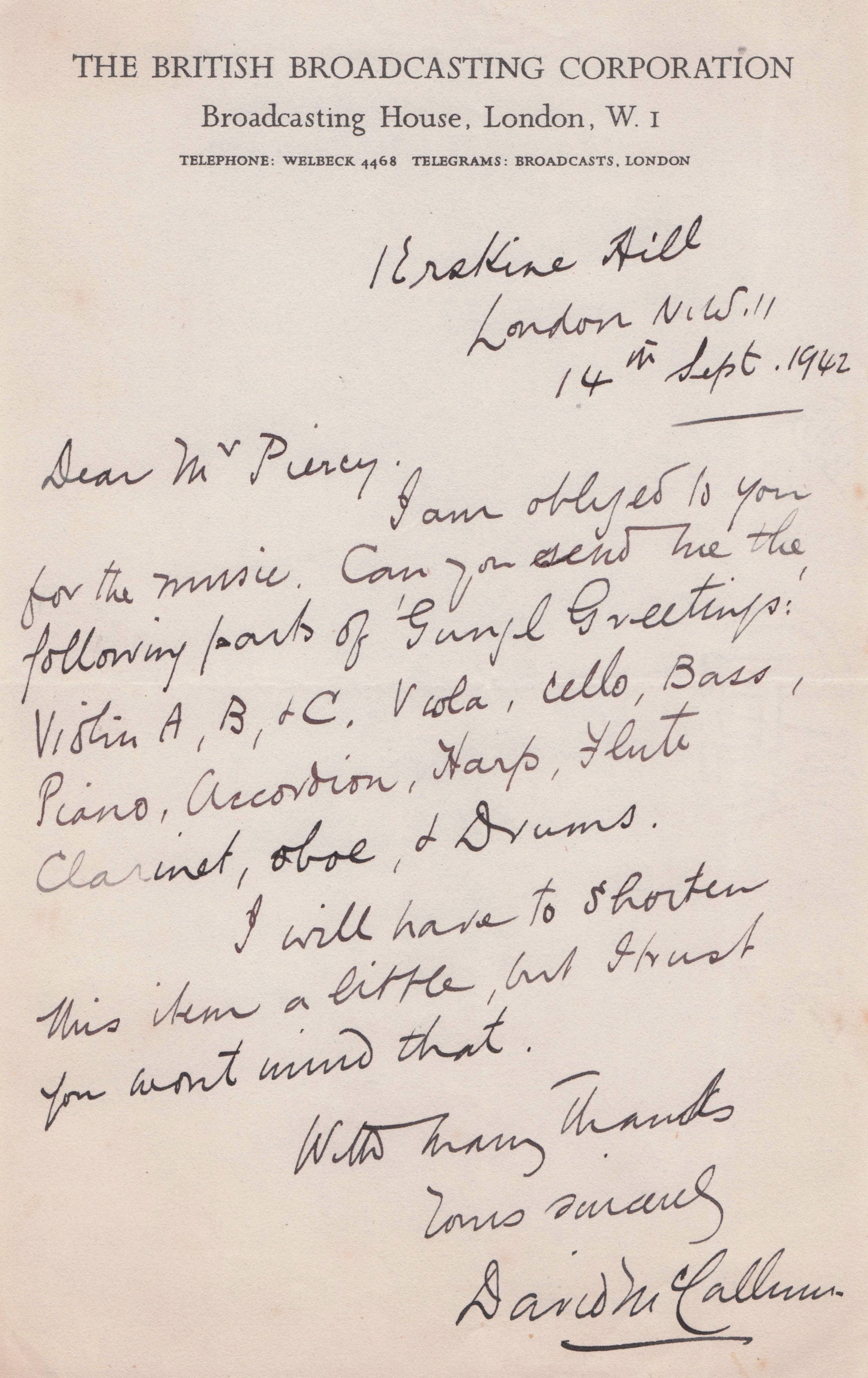 David McCallum Snr Man From Uncle WW2 Radio Violinist Hand Signed Letter