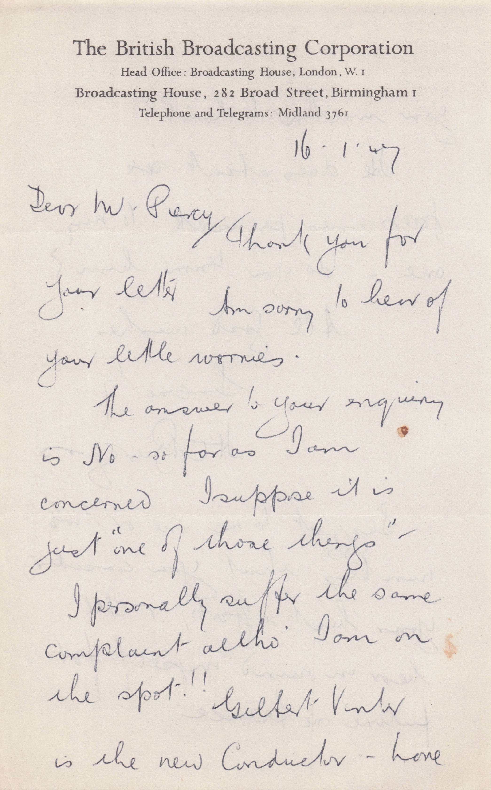 HC Burgess BBC Birmingham Light Orchestra 1940s Radio Hand Signed Old Letter