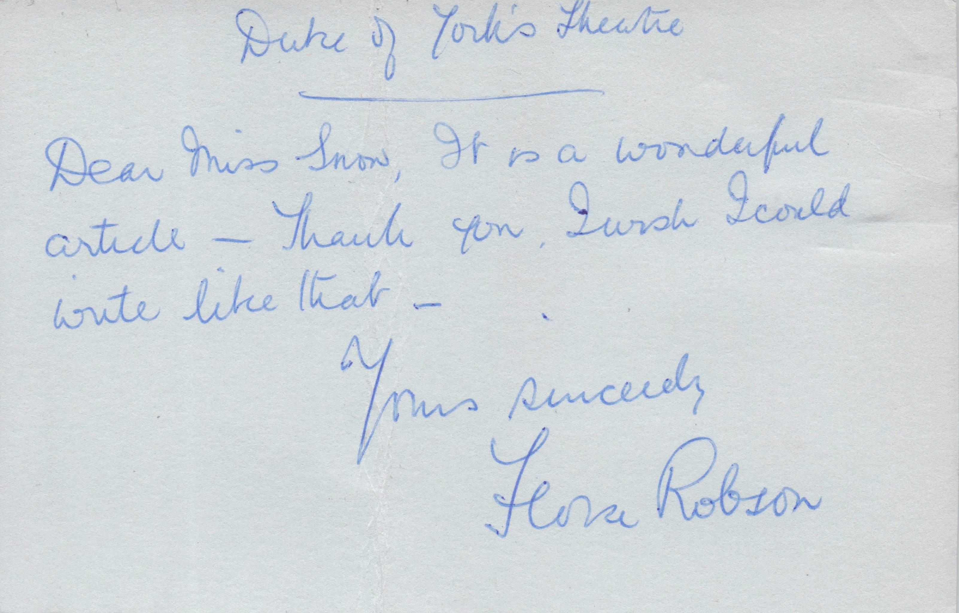 Flora Robson Actress Old Hand Signed Duke Of Yorks Theatre Card