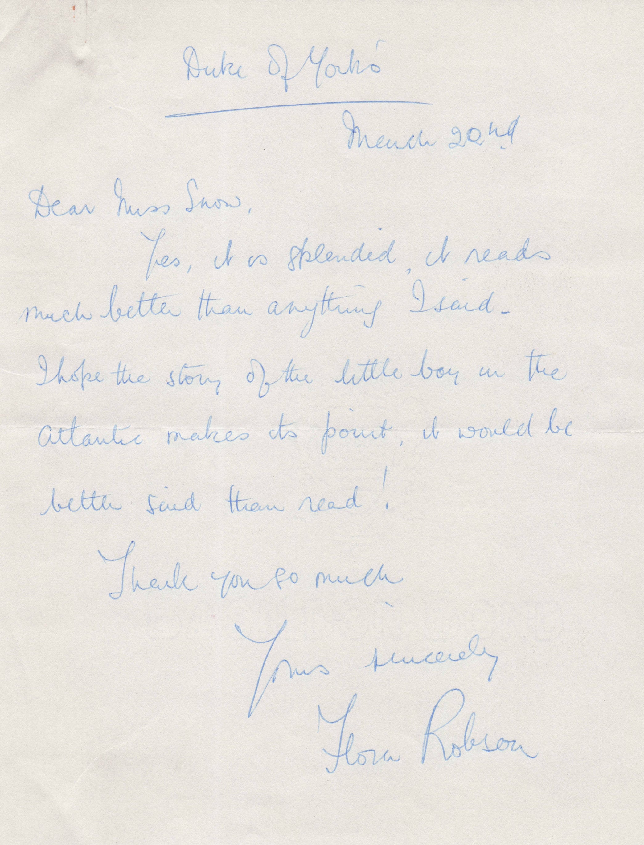 Flora Robson Actress Fully Hand Written & Signed Theatre 1950s Letter