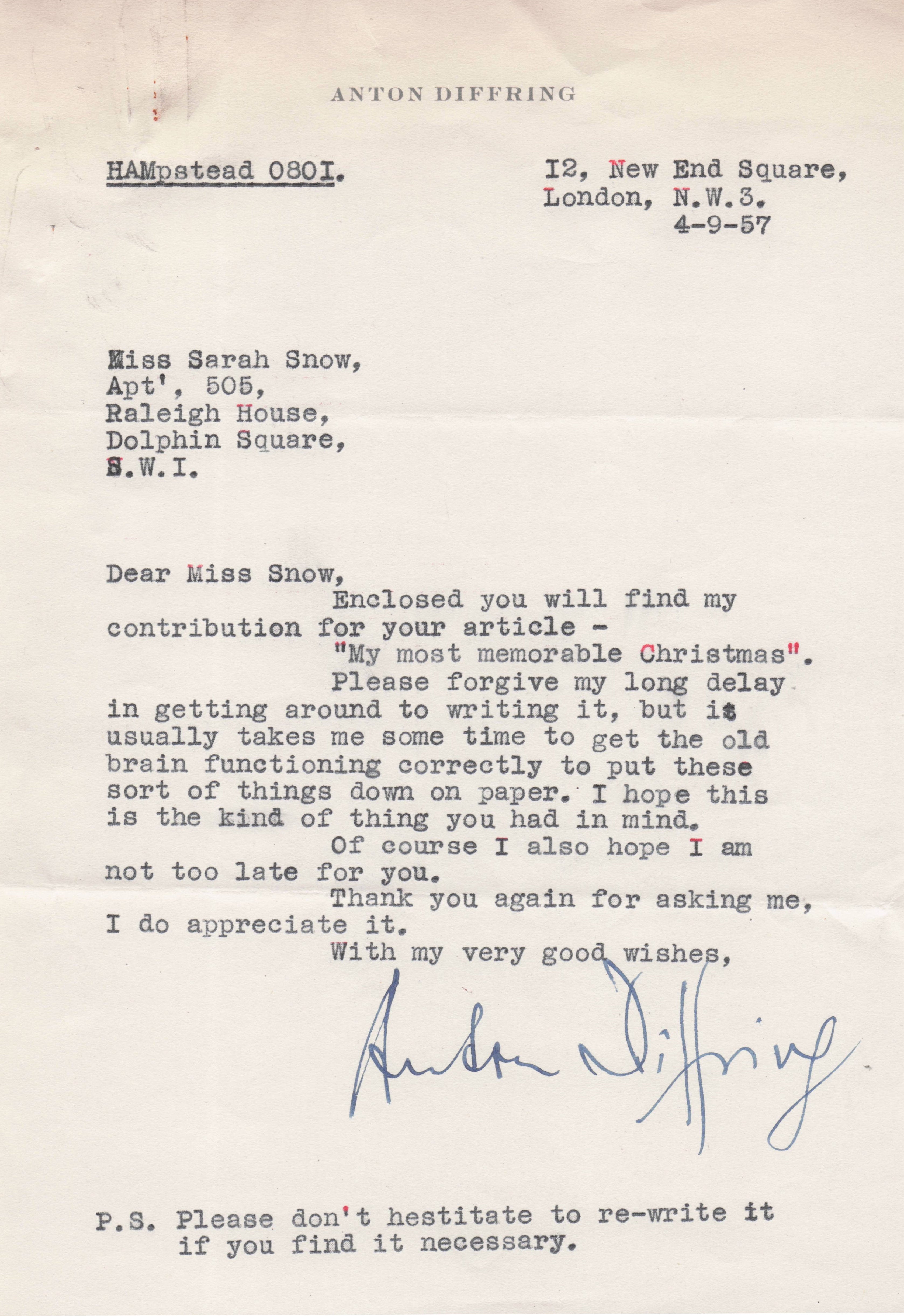 Anton Diffring Nazi Where Eagles Dare Dr Who Antique Hand Signed Letter