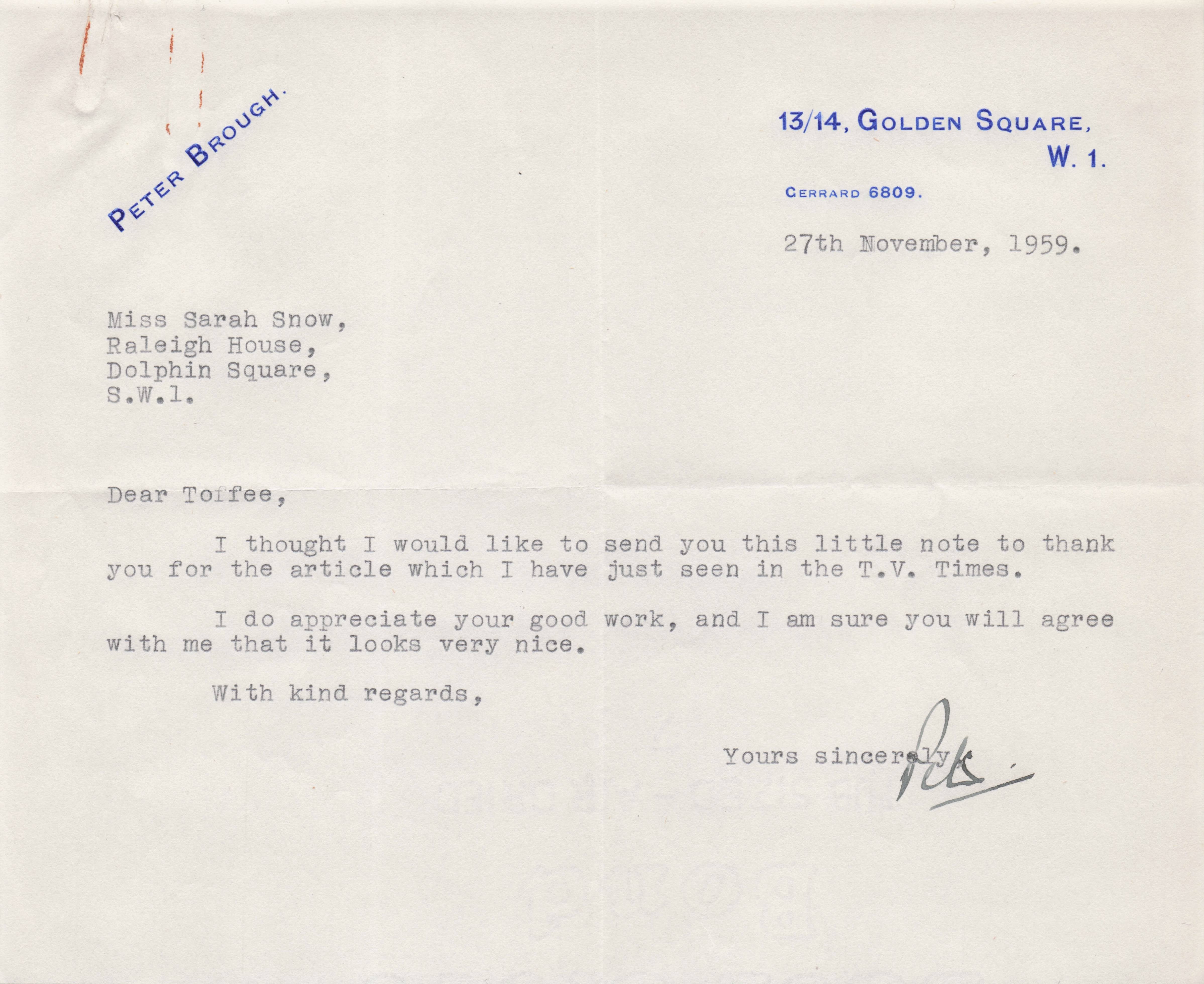 Peter Brough Ventriloquist Antique Home Headed Paper Hand Signed Letter