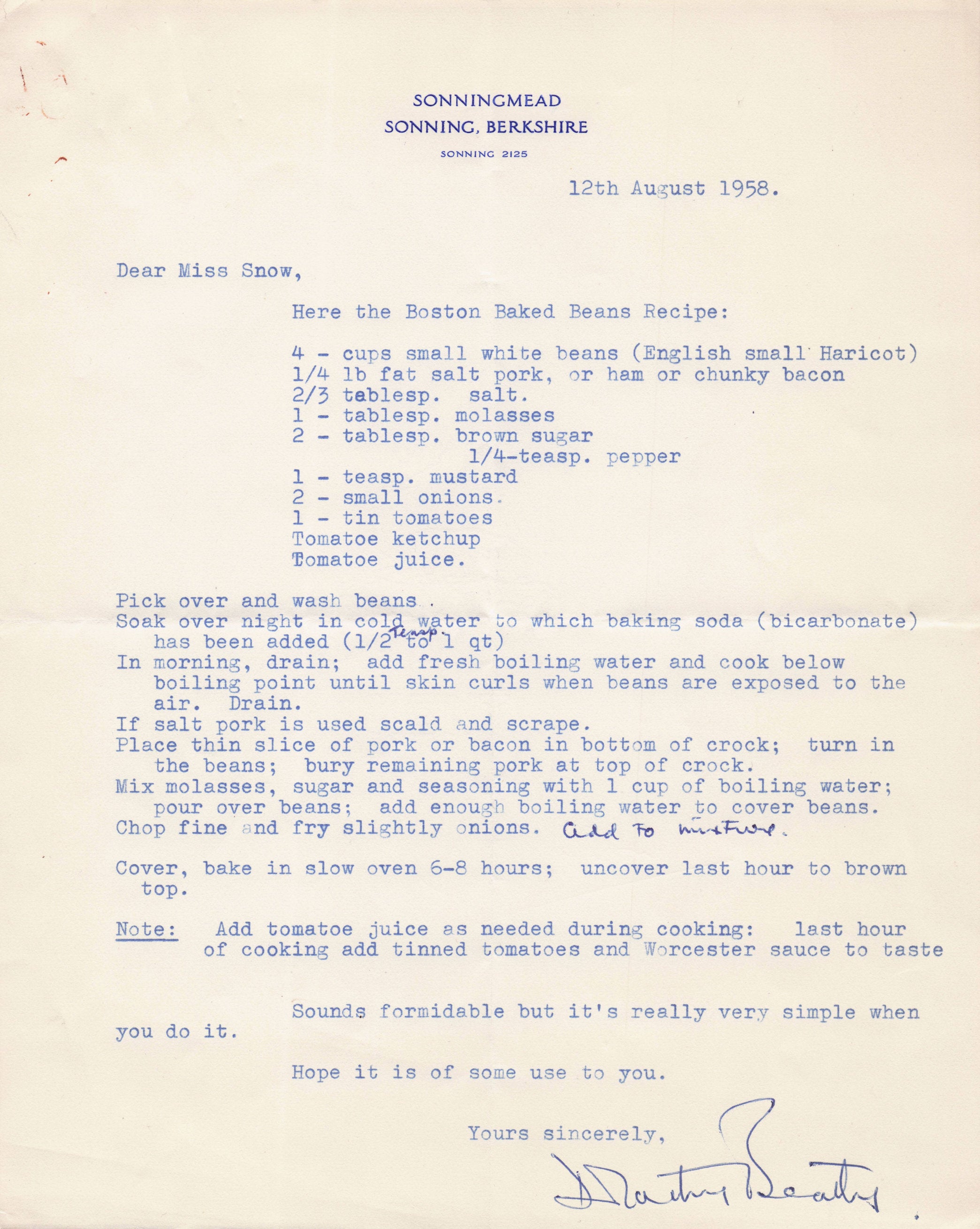 Dorothy Beatty Actress Wife of Robert Actor Cooking Recipe Old Hand Signed Letter