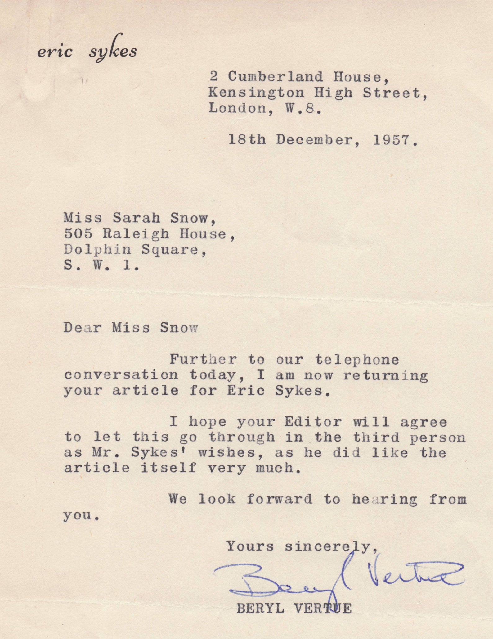 Beryl Vertue The Goons Who Tommy Dr Who Ike Tina Turner Hand Signed Letter