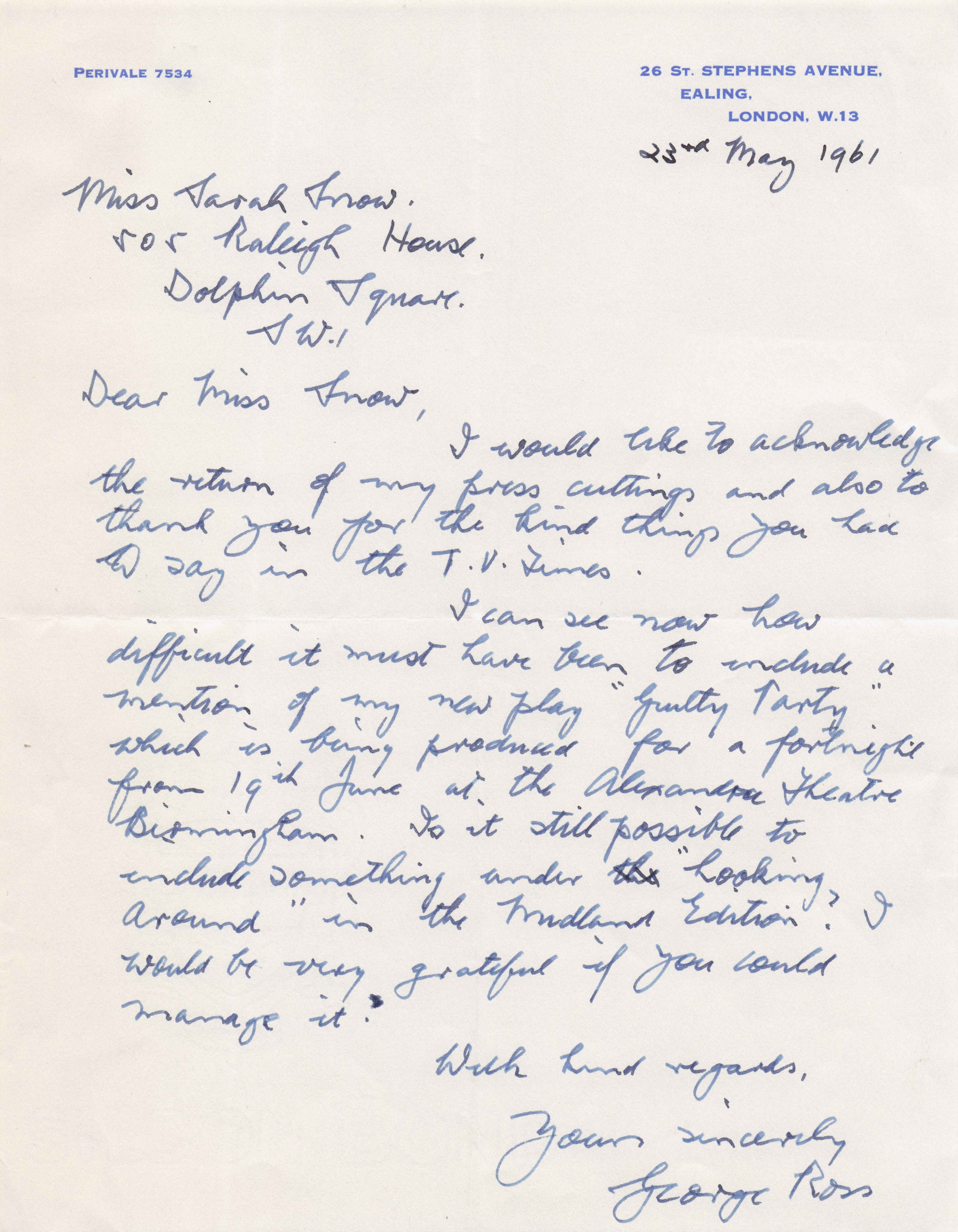 George Ross Boardroom Thriller South African Playwright Hand Signed Old Letter