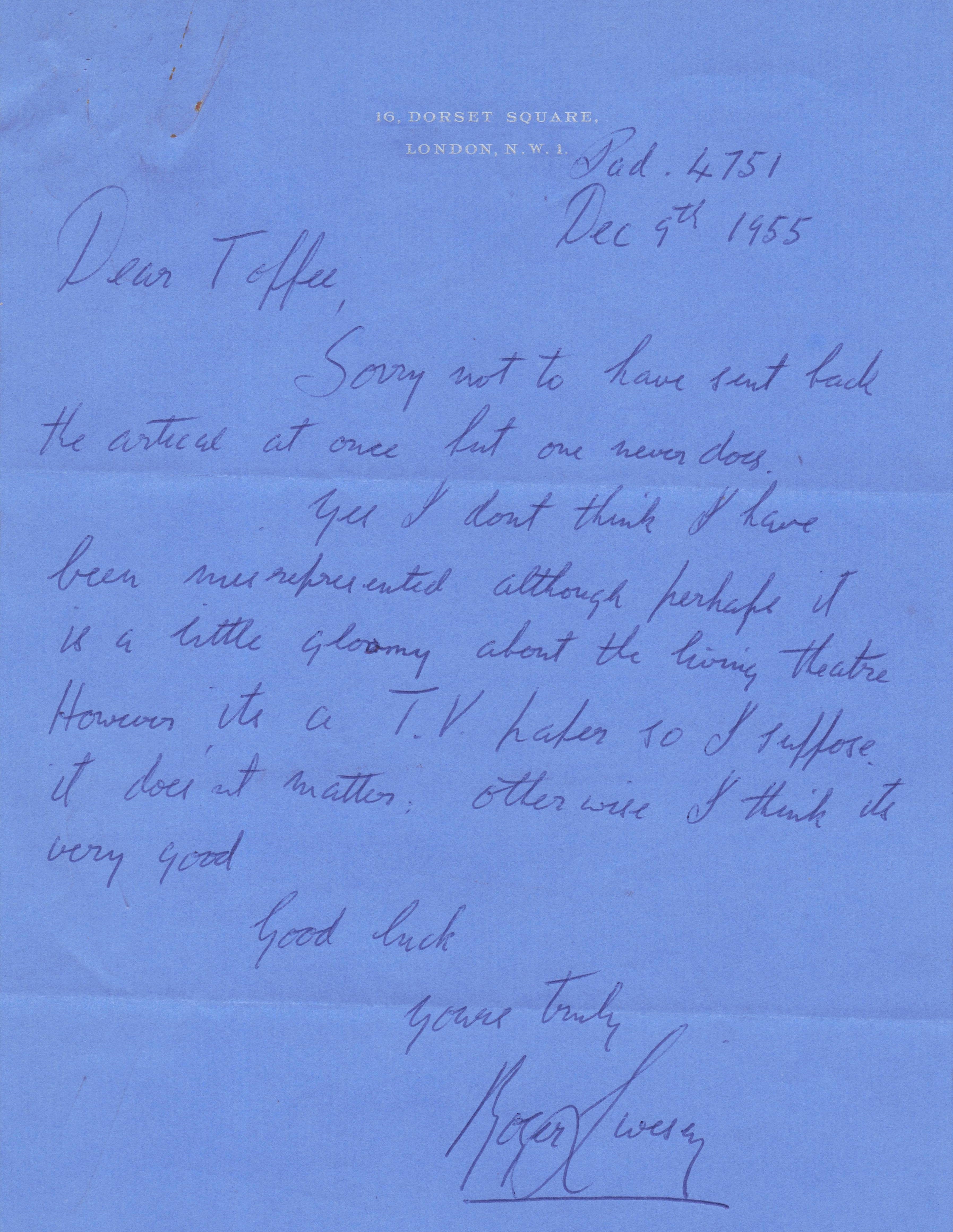 Roger Livesey Actor Official Antique 1955 Hand Signed Headed Paper Letter