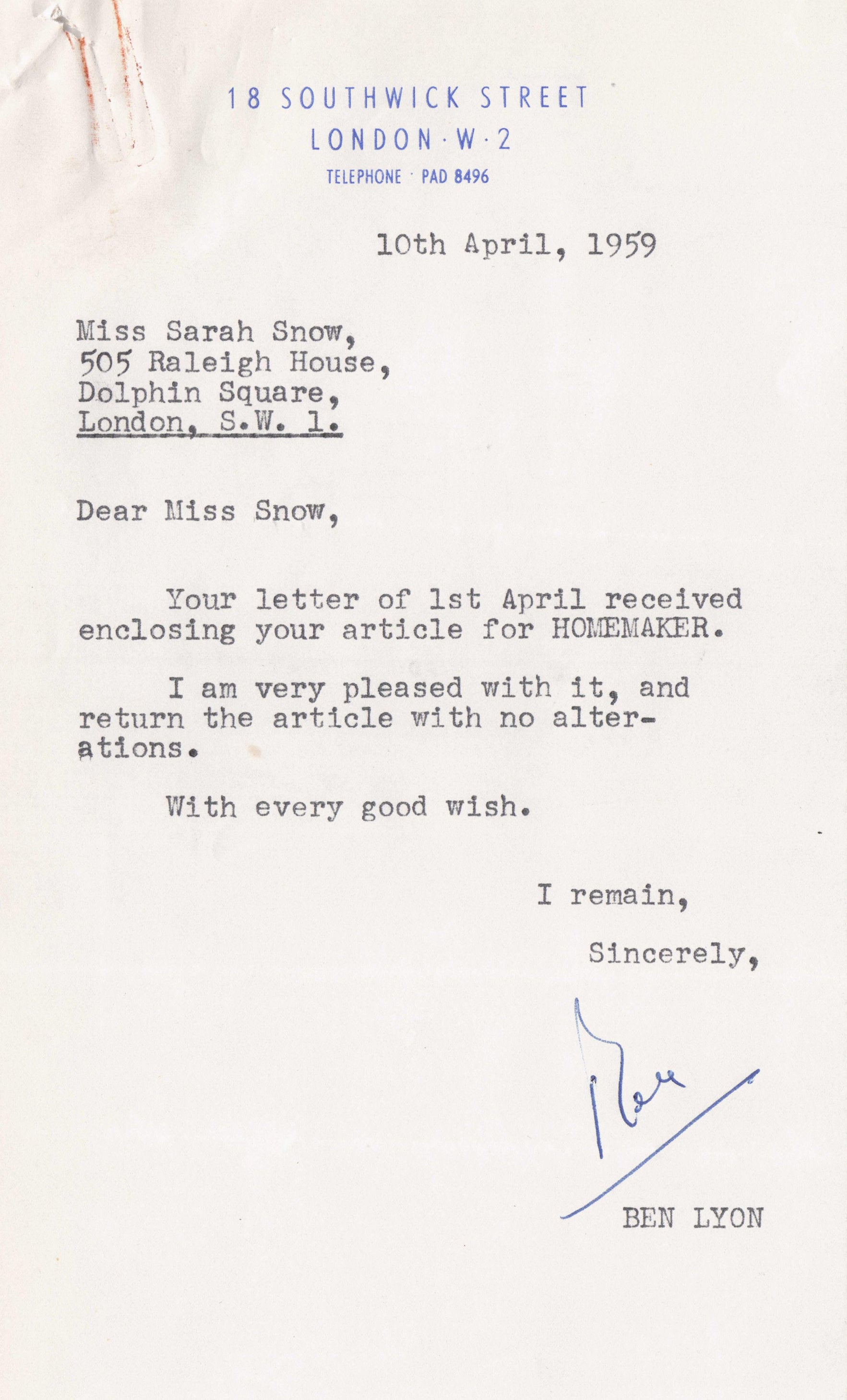 Ben Lyon Actor Life With The Lyonds Hand Signed Headed Paper 1959 Letter