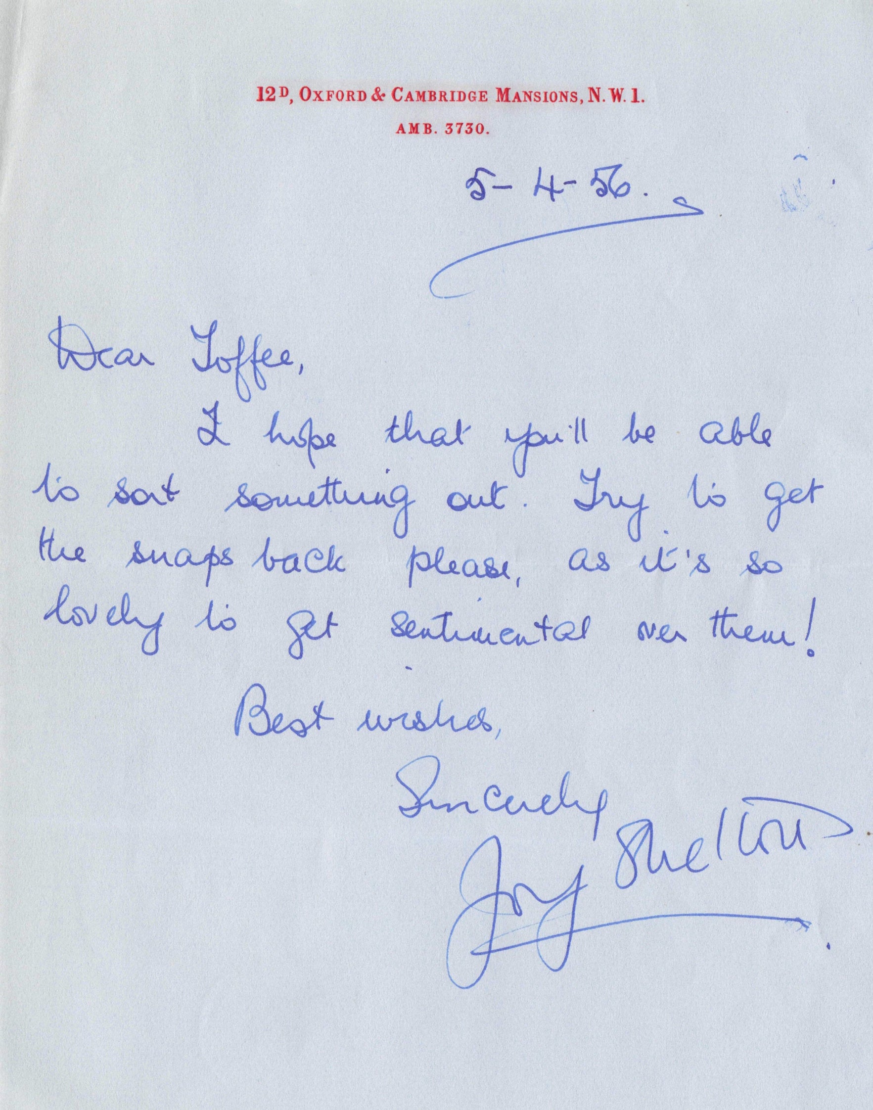 Joy Shelton Actress Old Hand Written Signed 1956 Official Headed Paper Letter