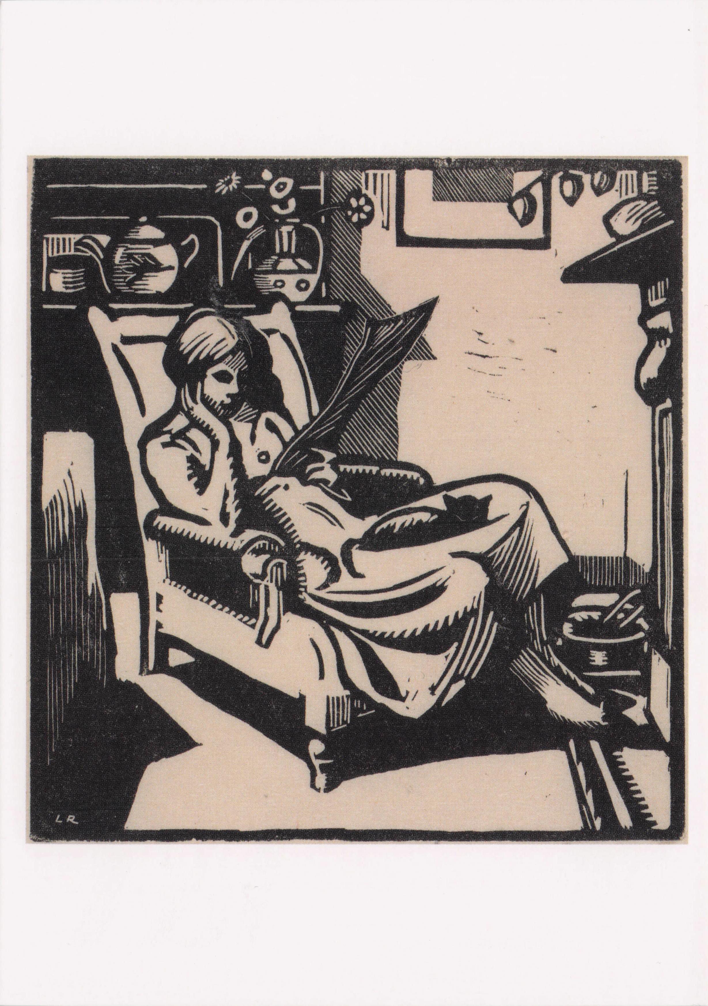 La Liseuse French Art Old Ludovic Pisarrov Woman & Book Cat Painting Postcard