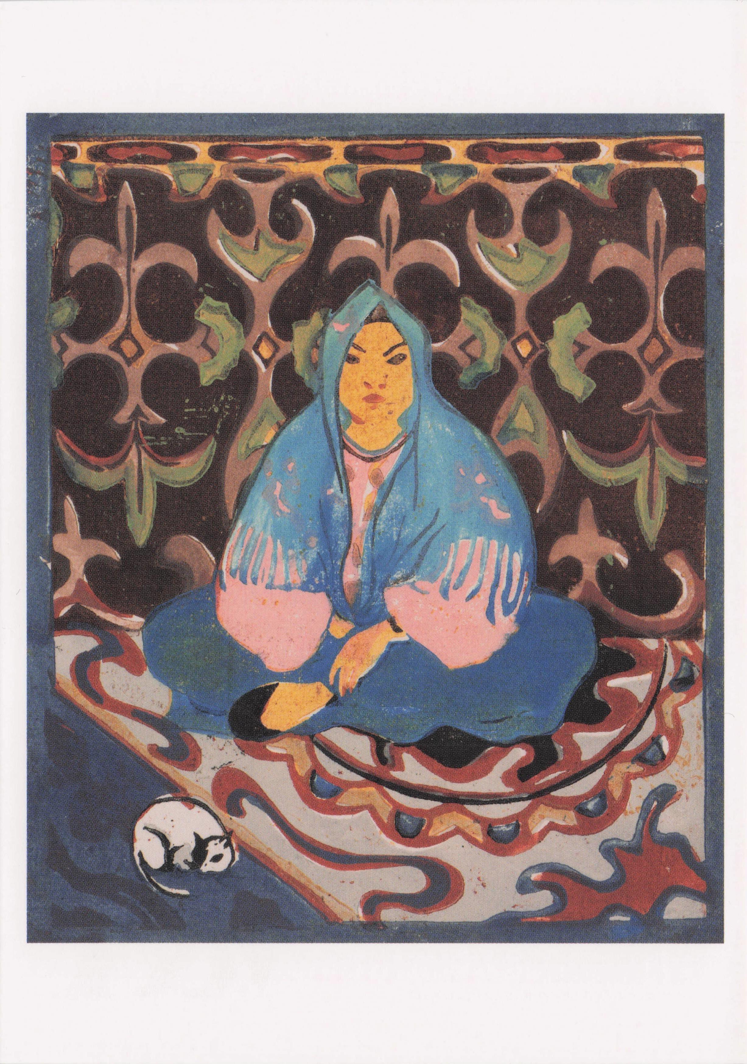 Woman Wearing A Blue Shawl 1920s Old Gypsy Mystic Cat Painting Postcard