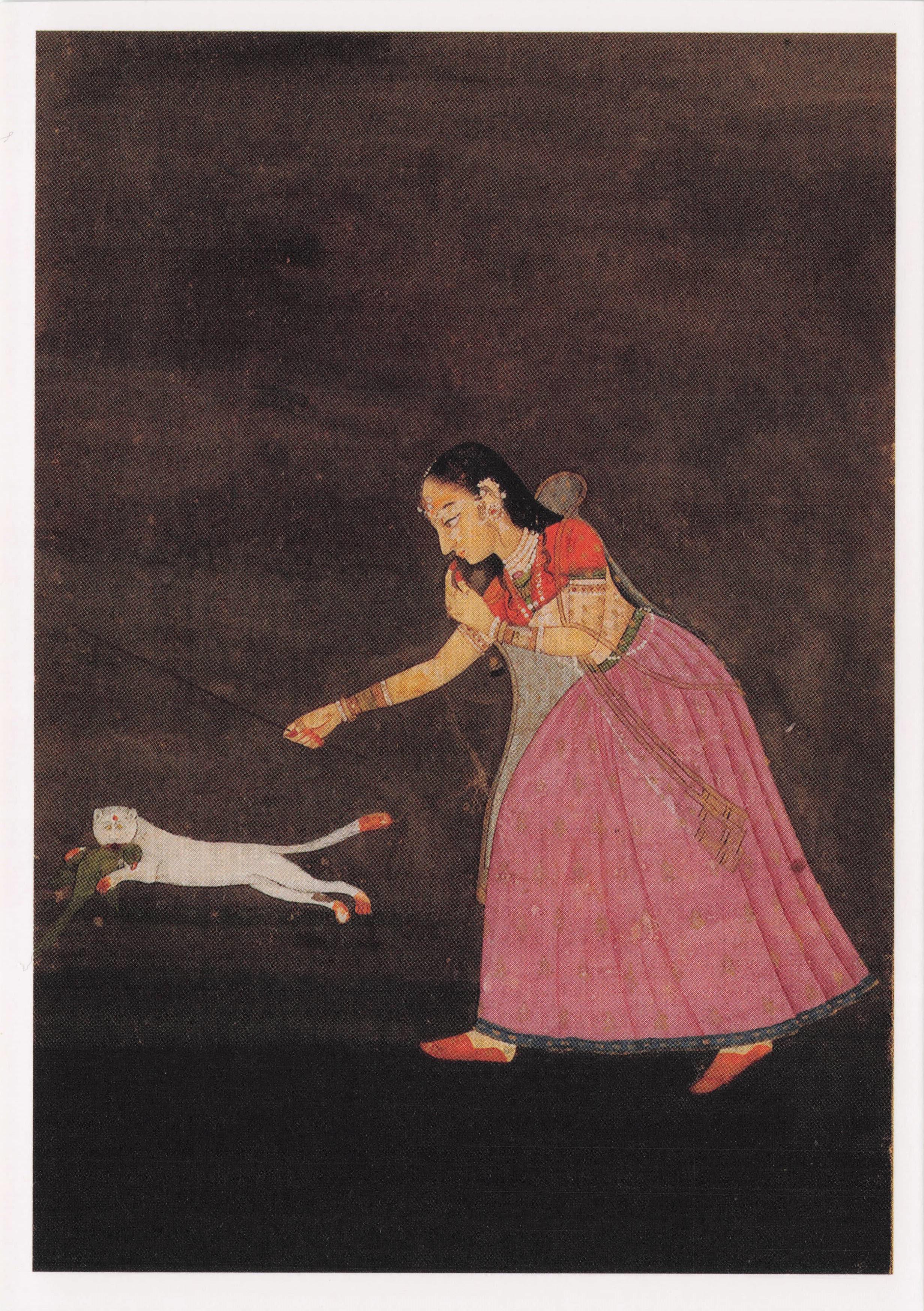 A Princess Chasing A Cat Parrot Bird Old Mughal Indian 1740 Painting Postcard