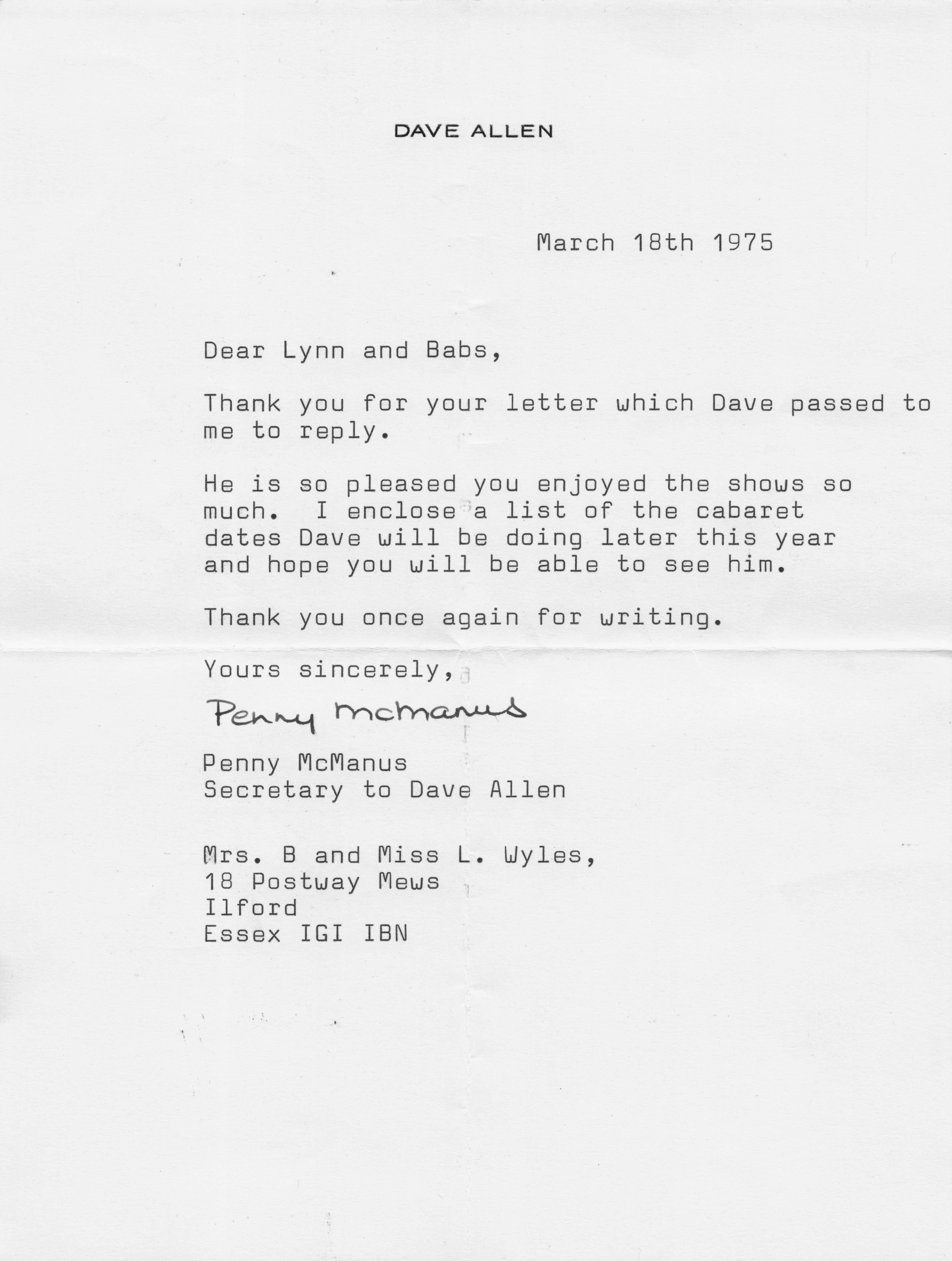 Dave Allen Live Comedy Tour 1975 Secretary Official Headed Hand Signed Letter