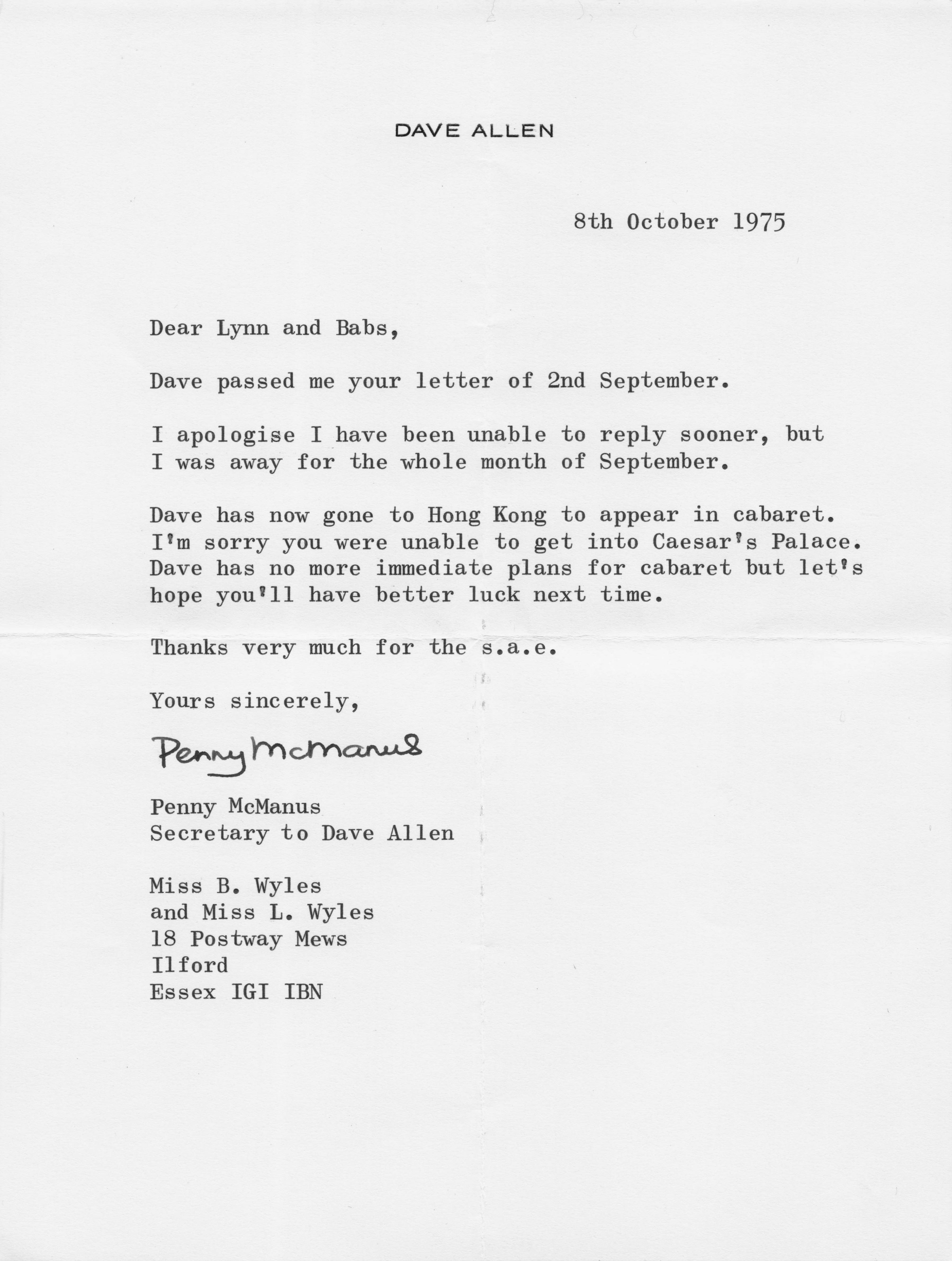 Dave Allen Live Fan Blocked at Ceasars Palace Irish Comedian Office Signed Letter