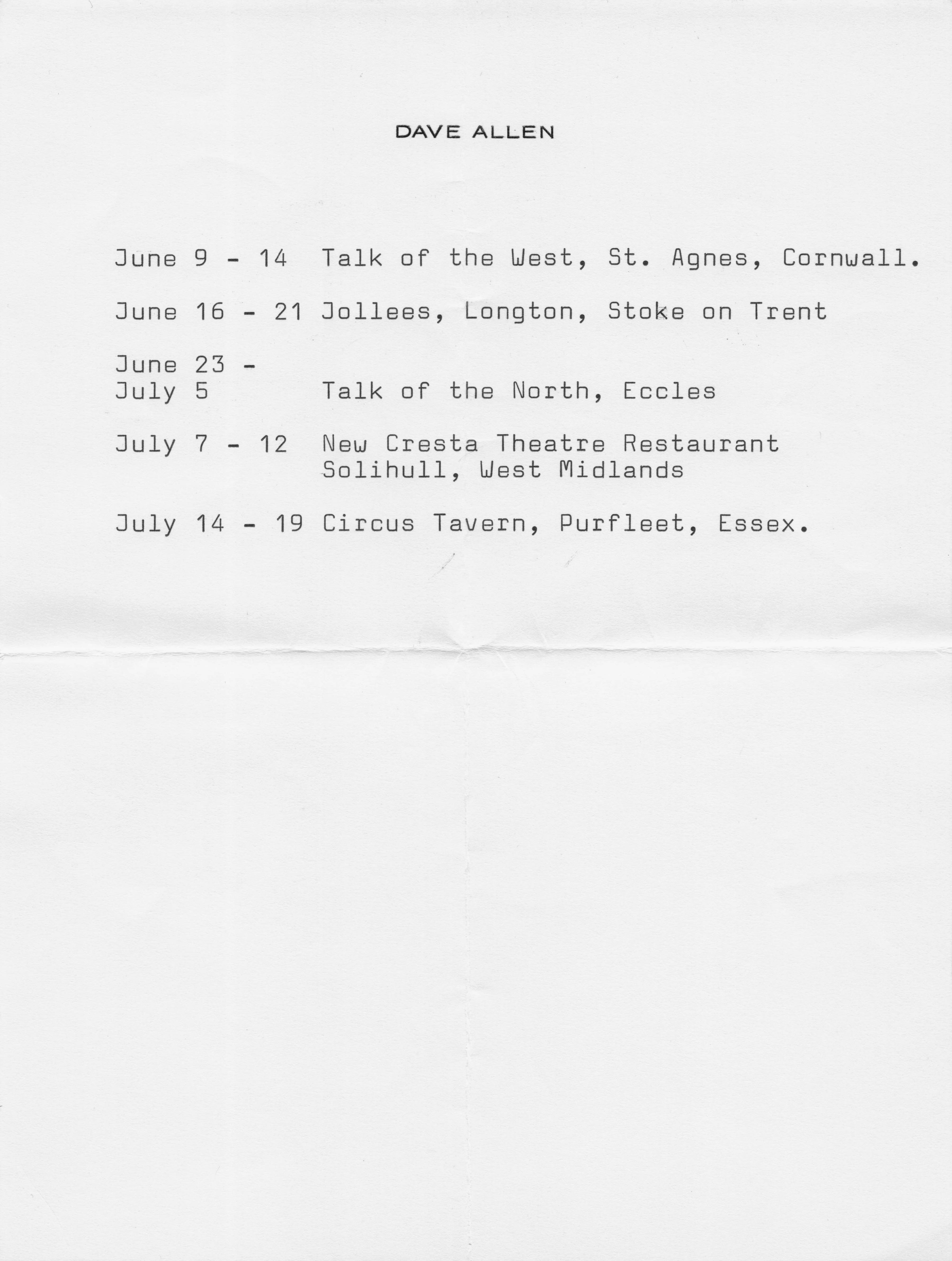 Dave Allen TV Comedian Live 1976 Tour Headed Paper Secretary Signed Letter