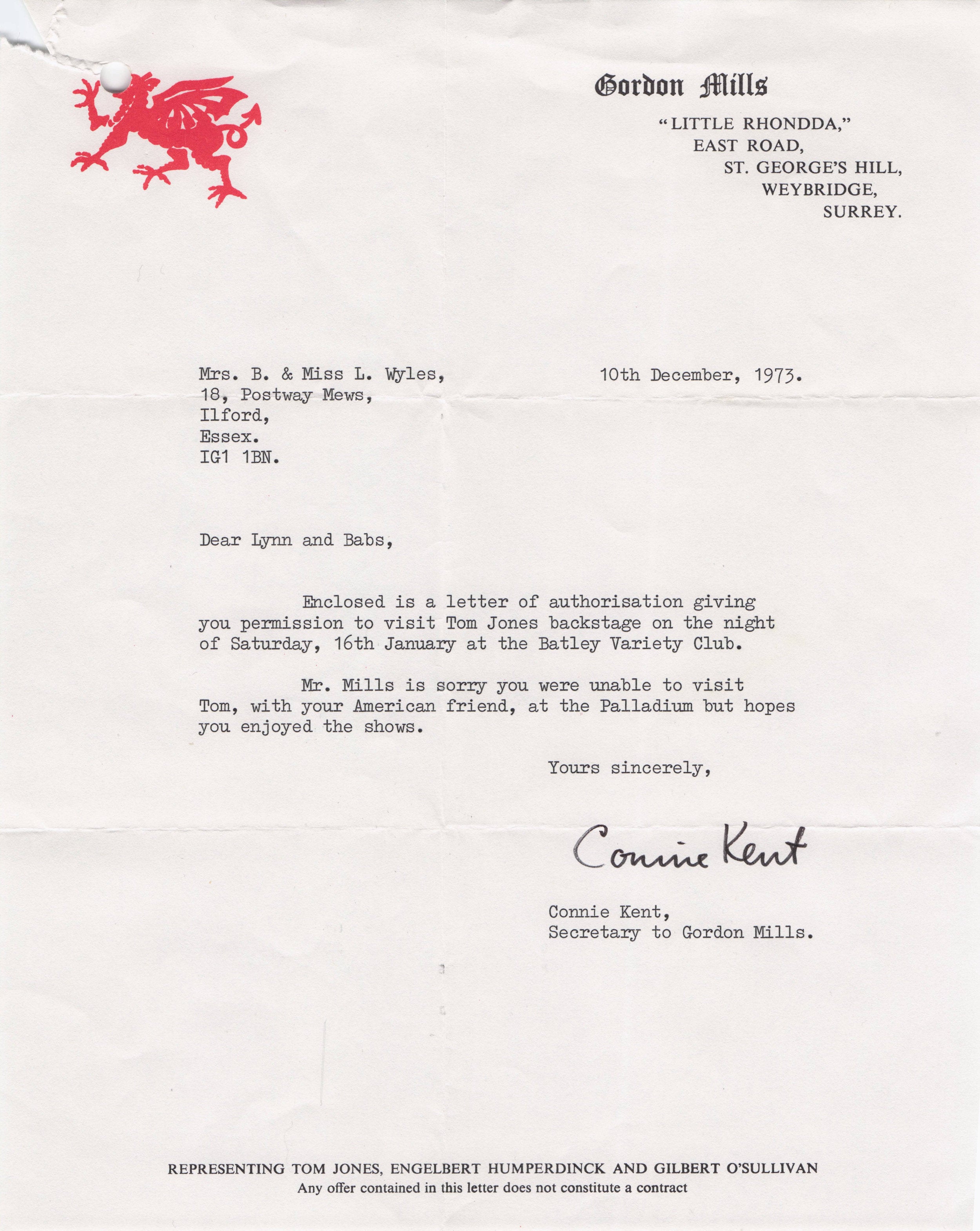 Tom Jones 1973 Live Back Stage Pass 1973 Secretary Hand Signed Letter