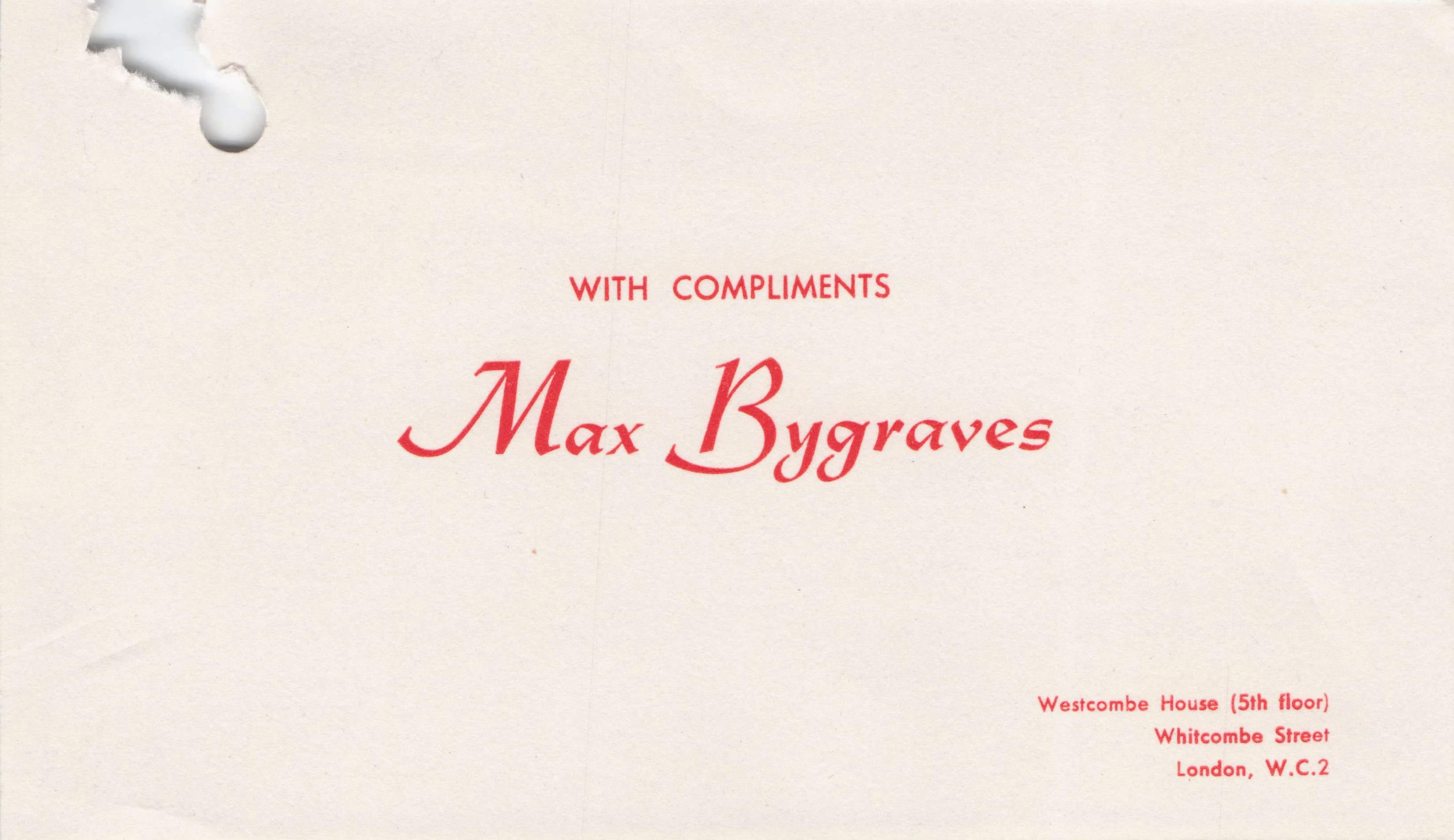 With Compliments Max Bygraves Antique Official Headed Paper Card