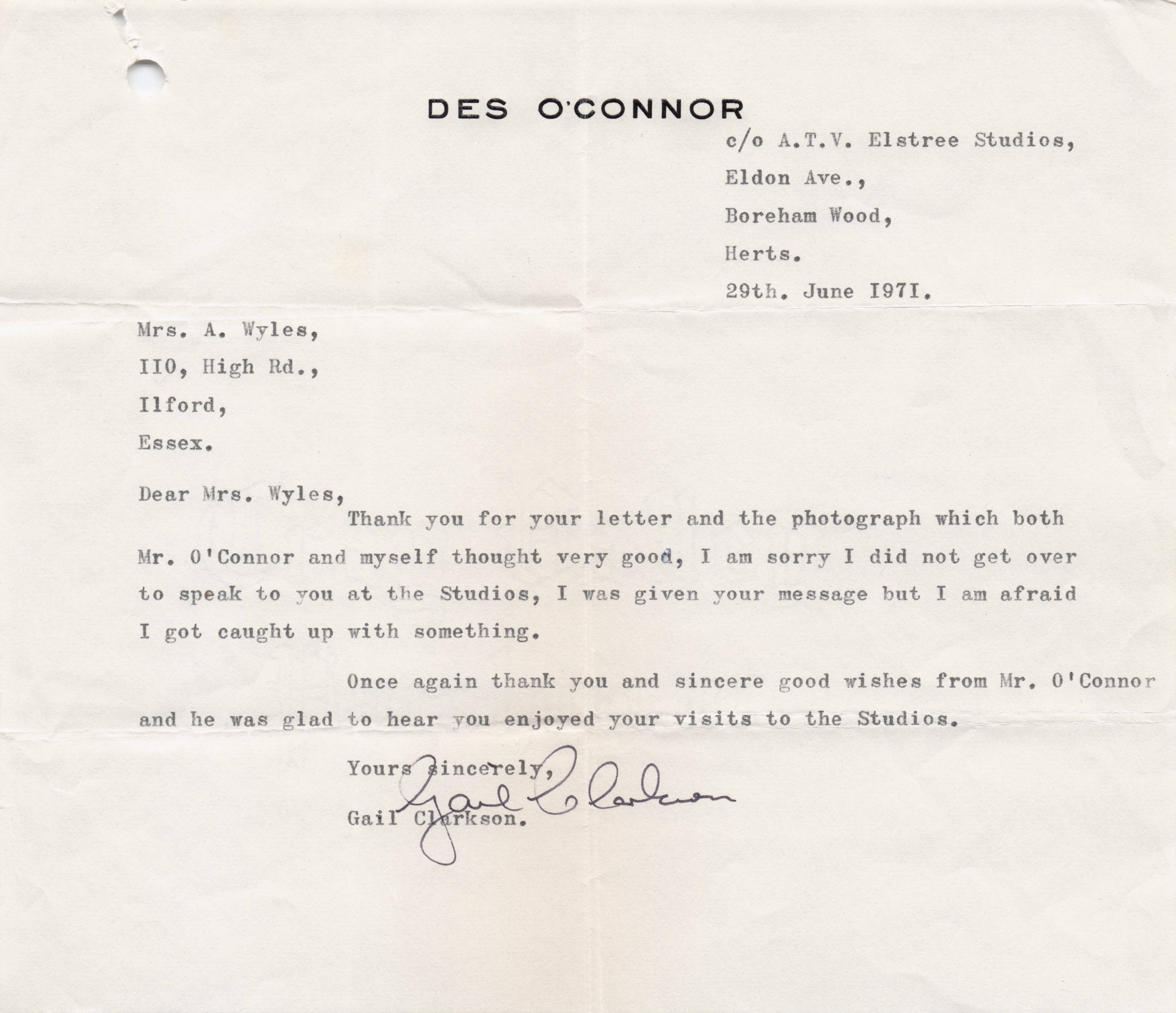 Des O'Connor 1971 Hand Signed Secretary Letter From Elstree Studios Visit