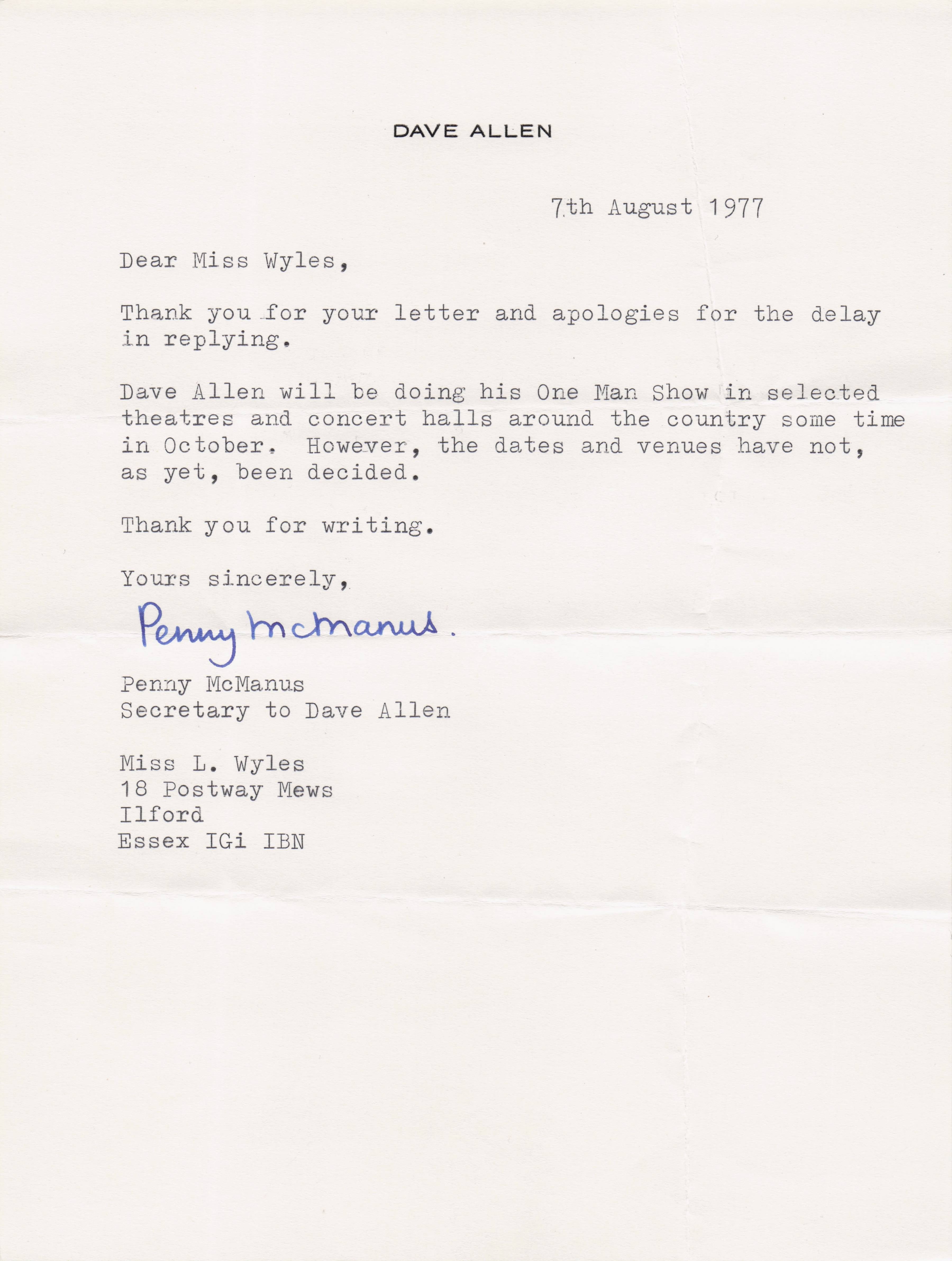Dave Allen 1977 TV Live Show Comedian Secretary Headed Paper Signed Letter