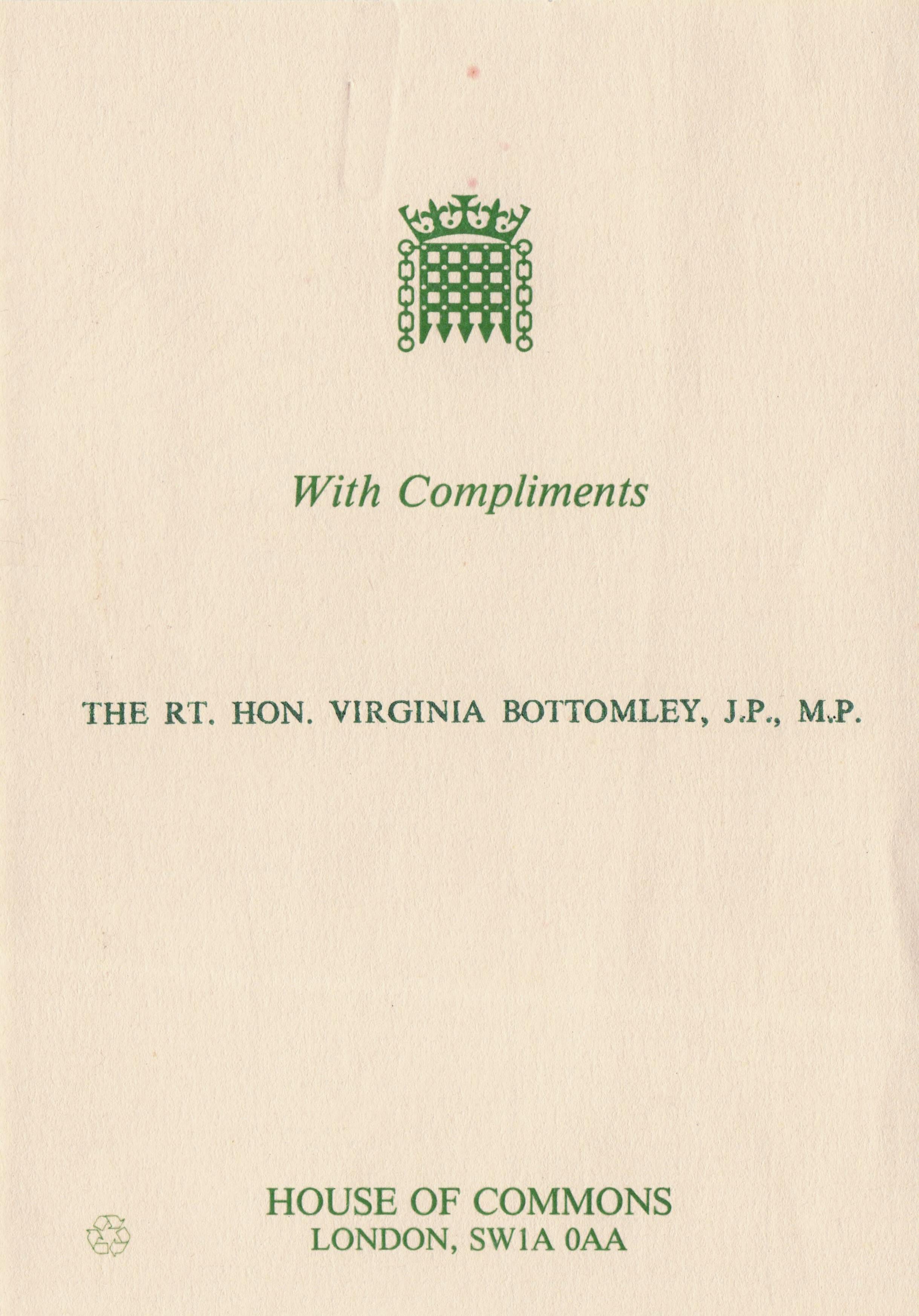 Virginia Bottomley Conservative MP Politician Hand Signed Photo & HOC Ephemera