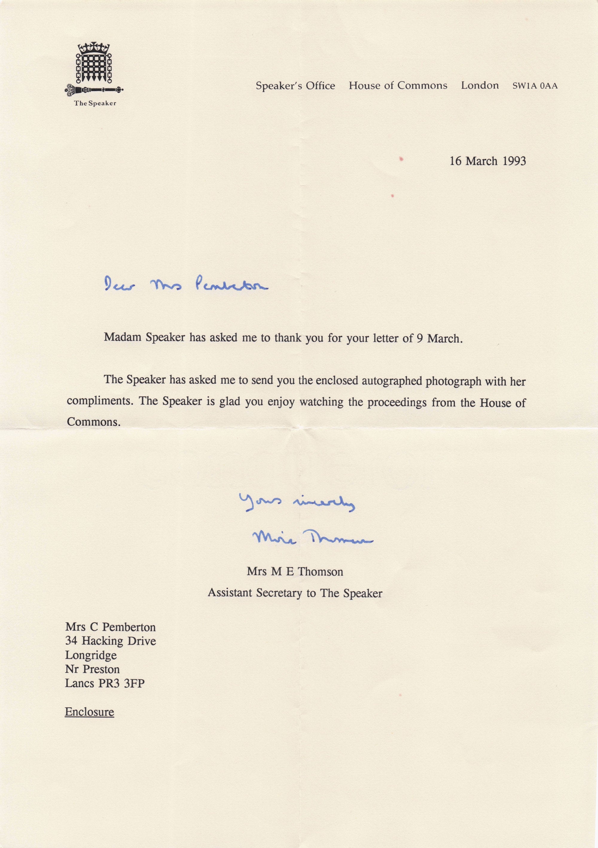 Betty Boothroyd Speaker Of House Of Commons Politics Hand Signed Photo & MORE