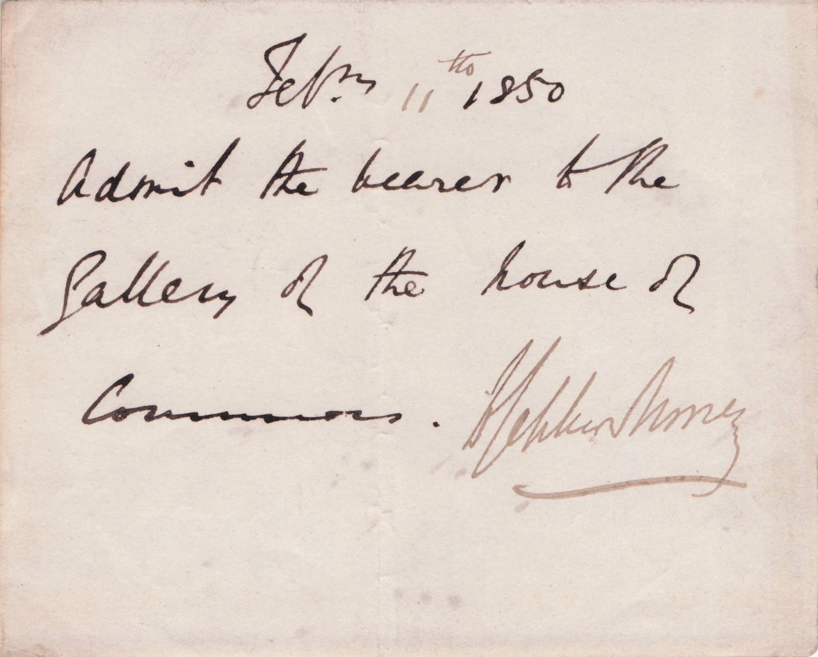House Of Commons Victorian Politics Hand Signed Autograph Gallery Pass Ticket