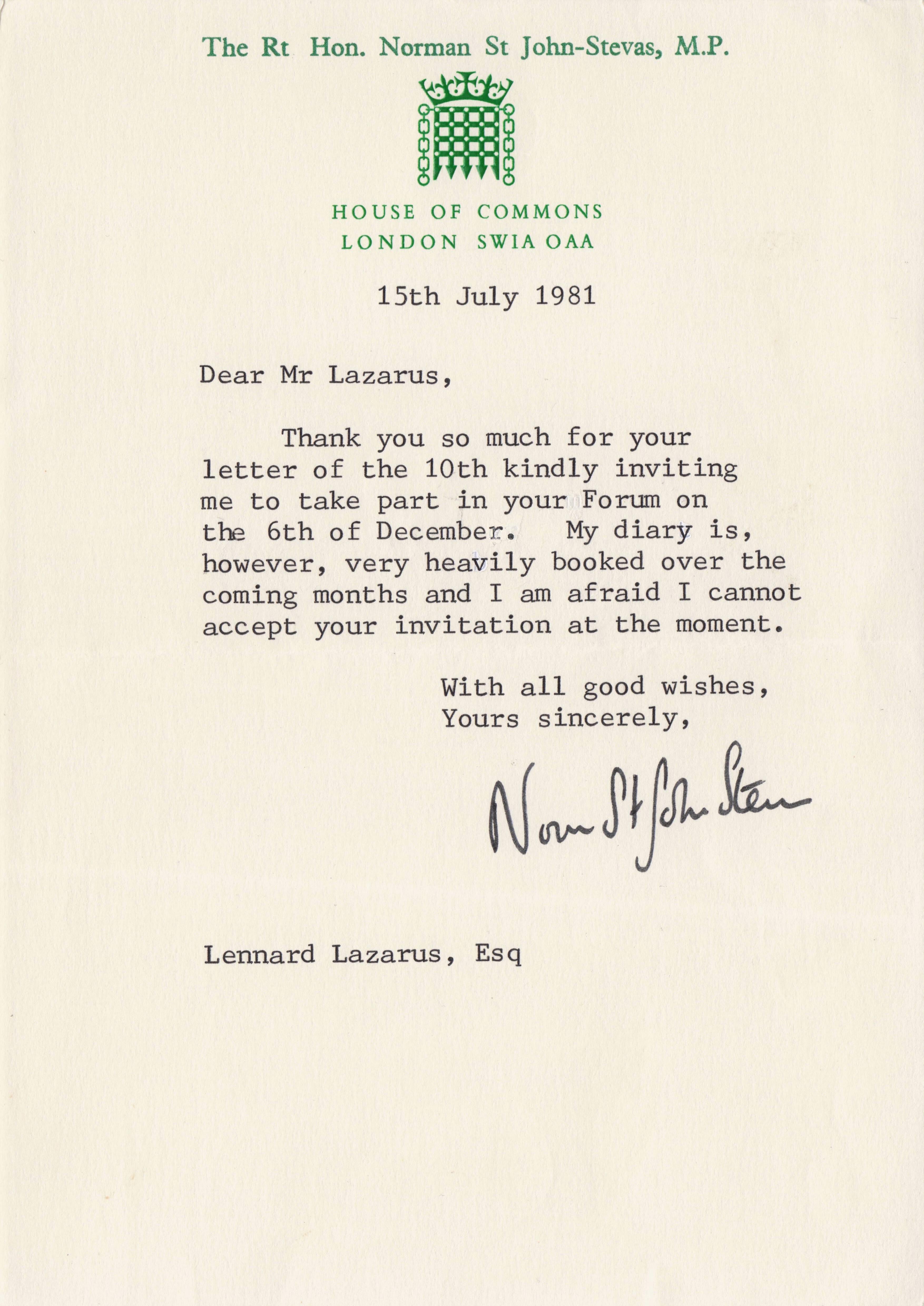 Norman St John Stevas Conservative MP Politician Rare HOC Hand Signed Letter