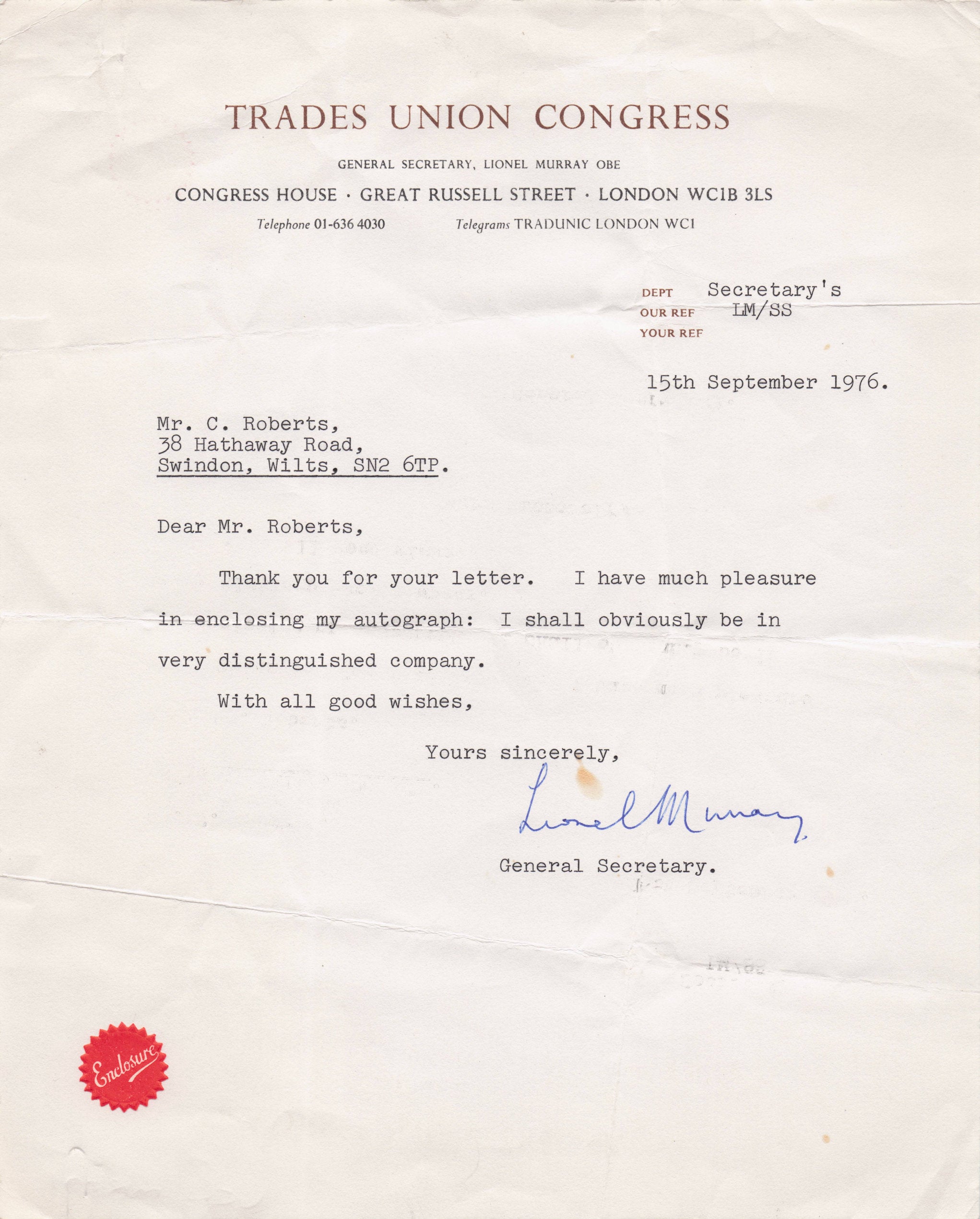 Lionel Len Murray Trades Union Congress 1970s Secretary Old Hand Signed Letter