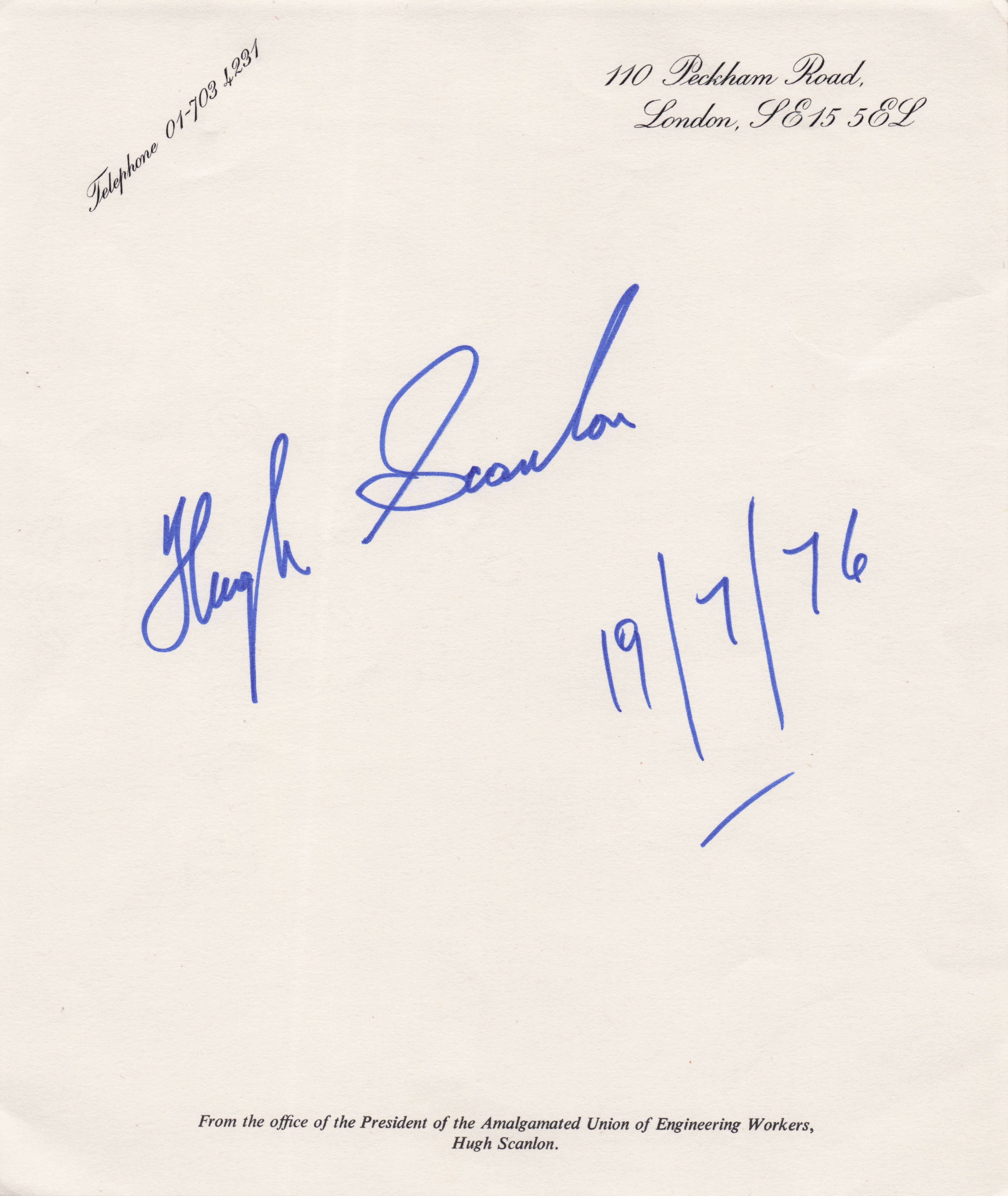Hugh Scanlon Trade Union Party Engineering Politics 1970s Hand Signed Letter