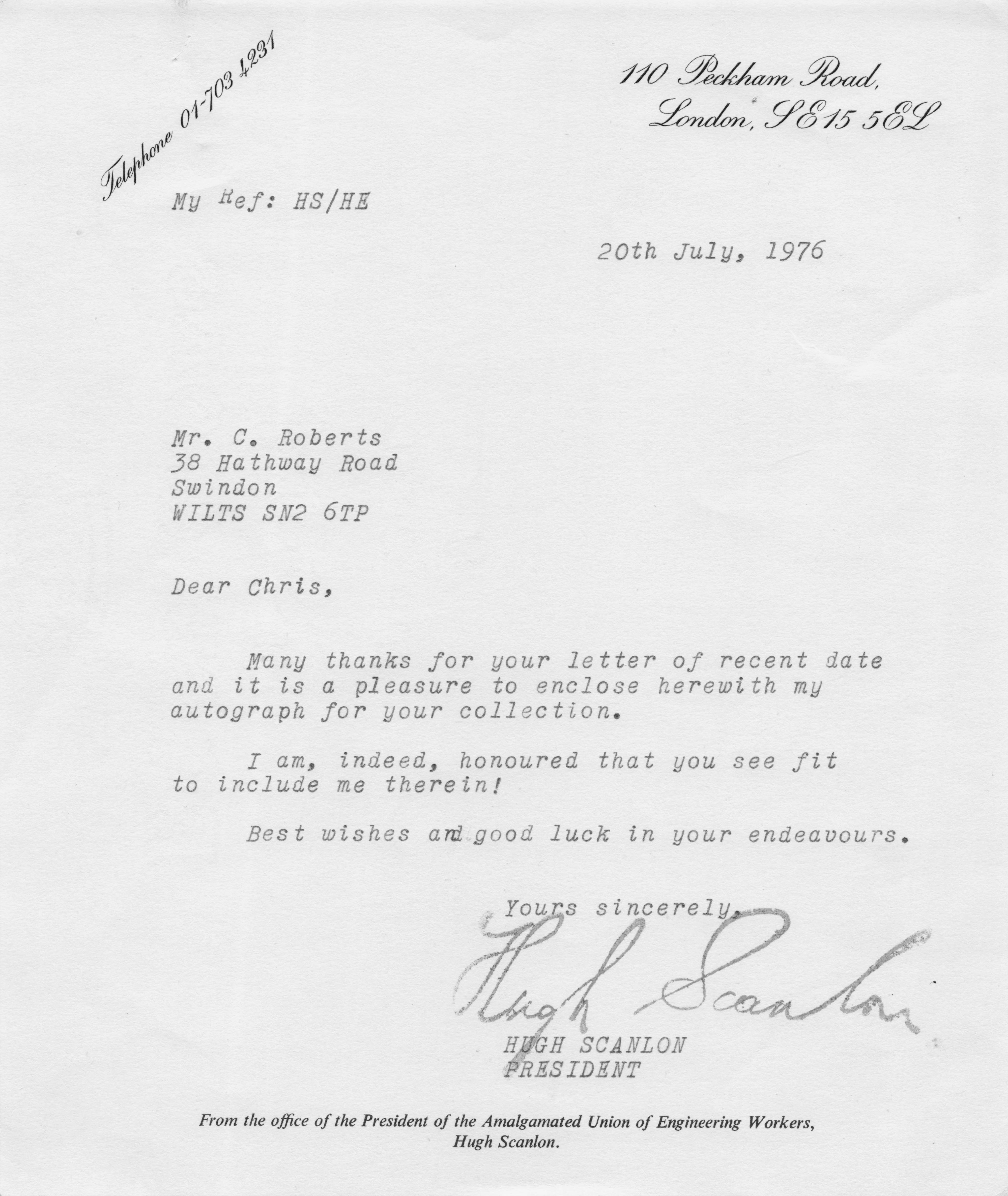 Hugh Scanlon Trade Union 1970s Engineering Workers Party Hand Signed Letter