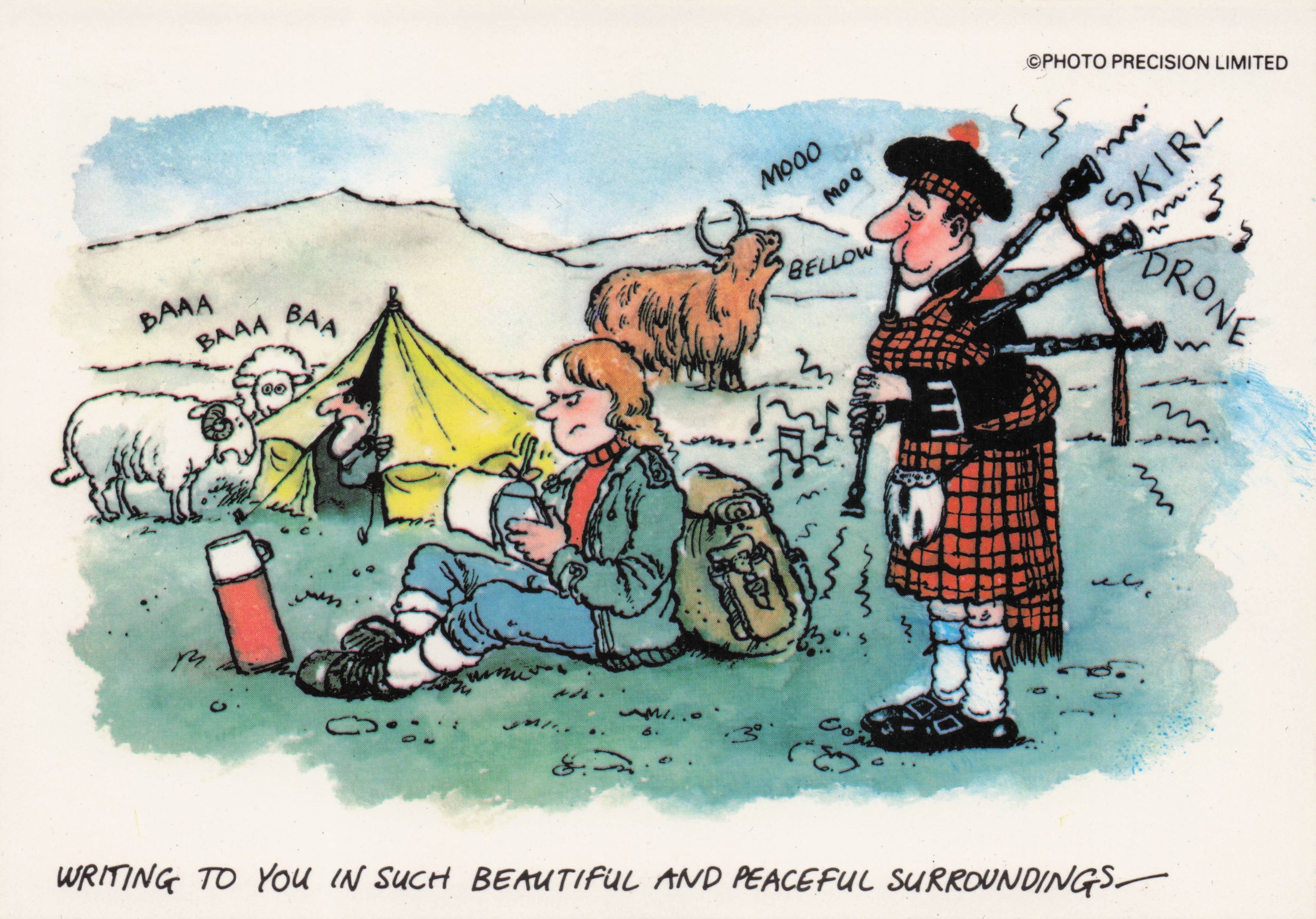 Scottish Camping Bagpipes Tent Campers Camping Sheep Haggis Comic Postcard