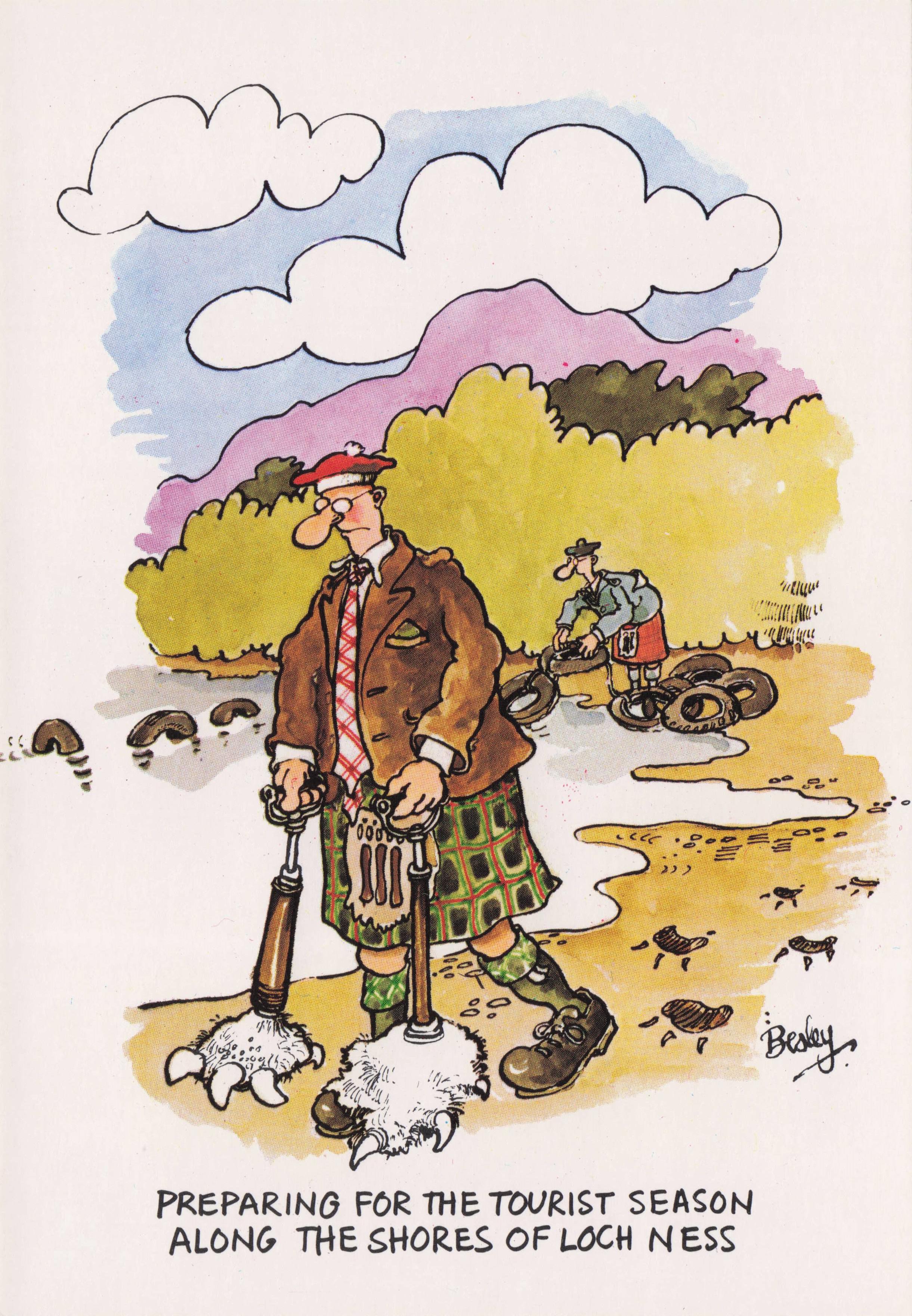 Loch Ness Monster Shores Tourists Shoes Scottish Scotland Comic Postcard