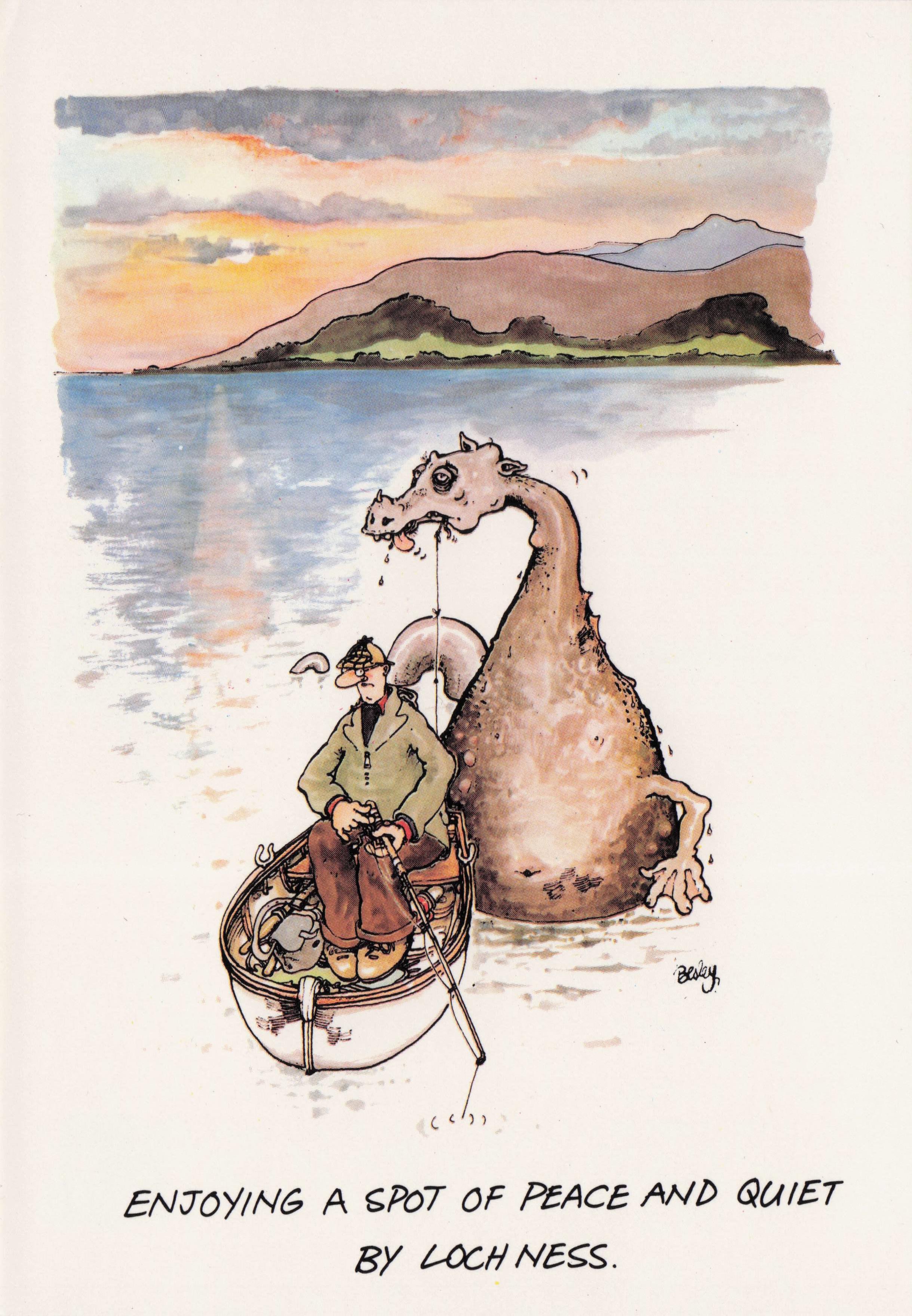 Scottish Sailing Man In Boat Meets Loch Ness Monster Scotland Comic Postcard