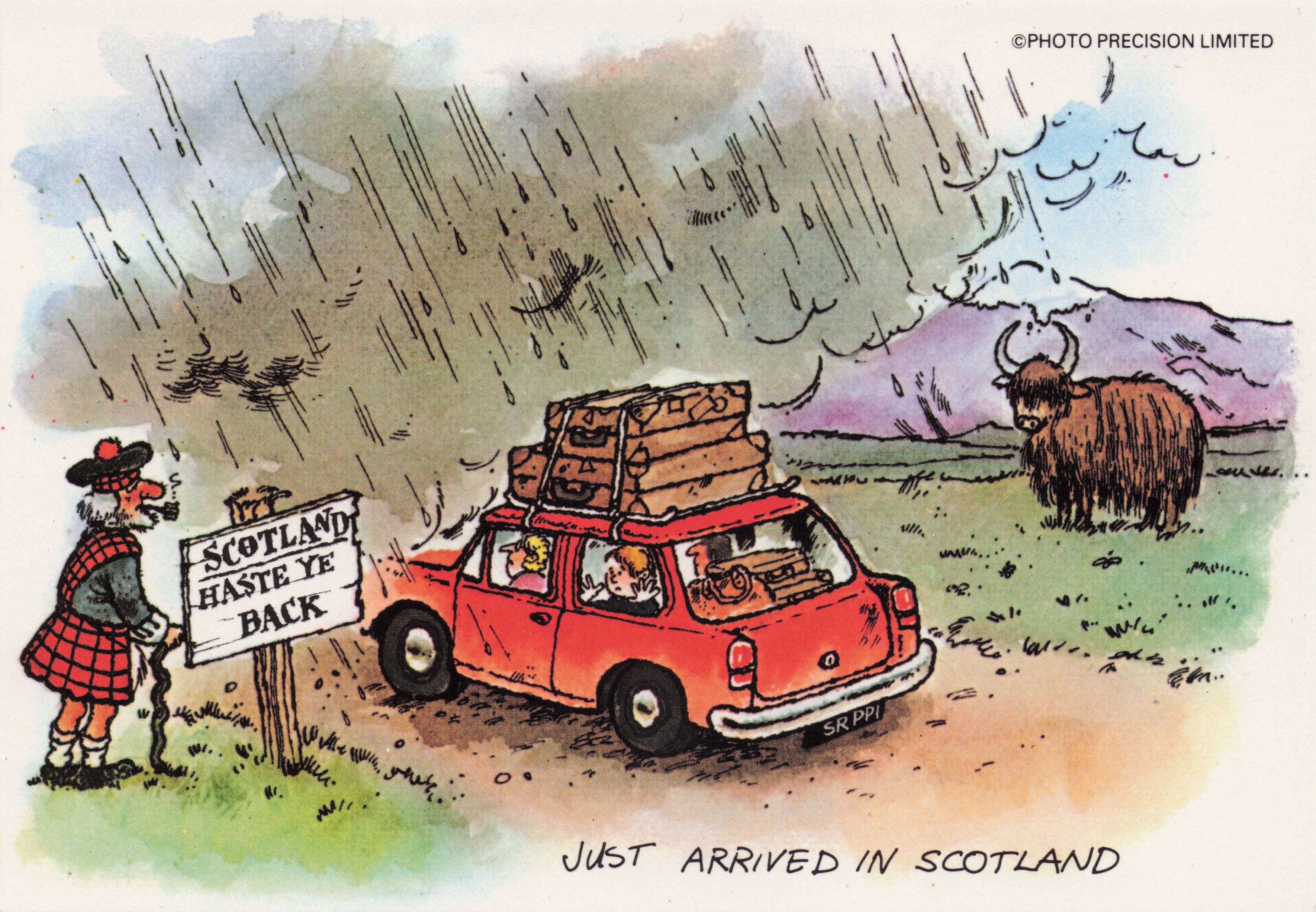 Scotland Borders Arrival Disaster Rain Bull Disaster Rain Comic Scotland Postcard