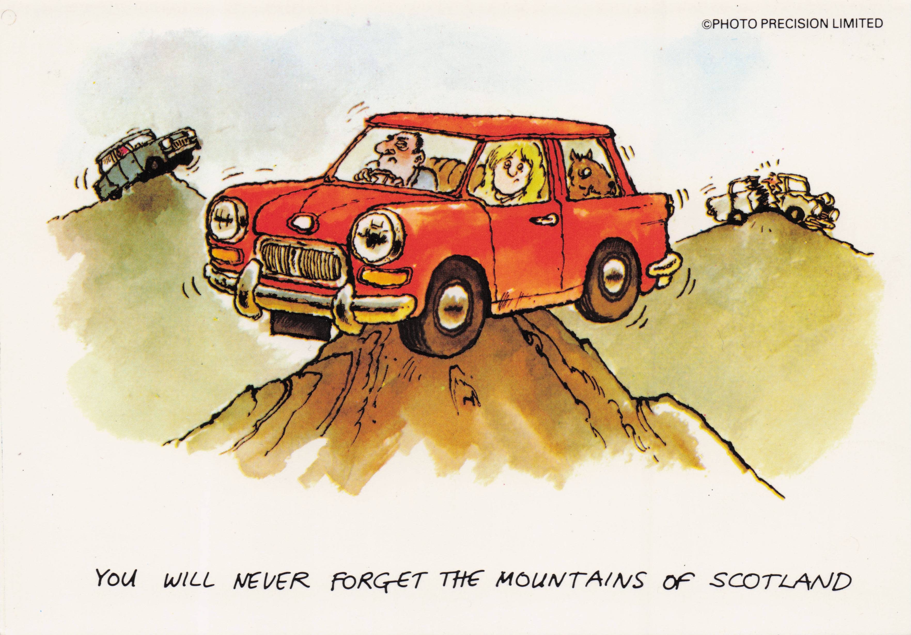 Scottish Mountains Car Transport Disaster Breakdown Scotland Comic Postcard