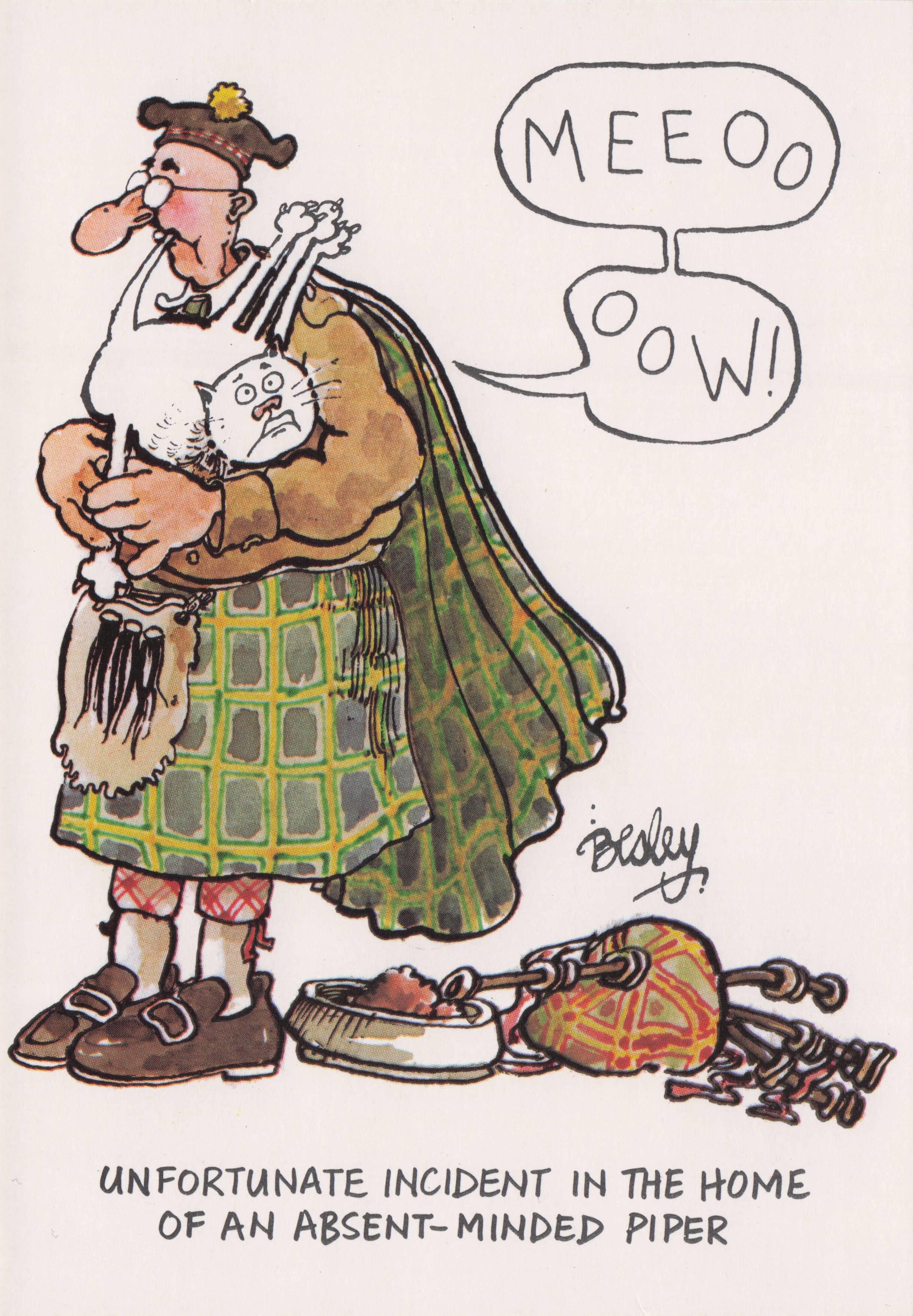 Mad Scotsman Playing Cat As Music Bagpipes MEOW Scottish Comic Postcard