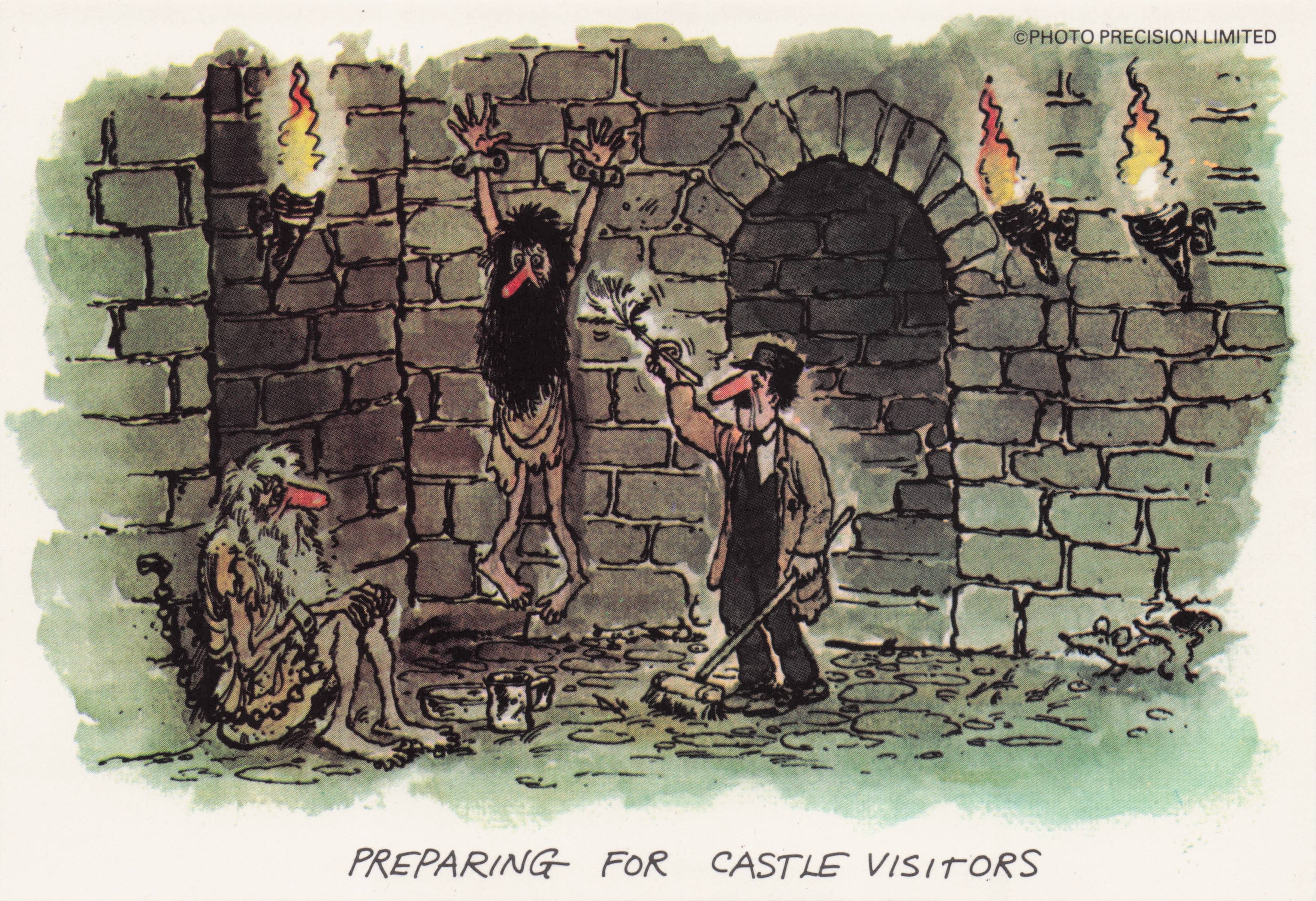 Welsh Castle Torture Hanging Man Big Beard Disaster Comic Wales Postcard