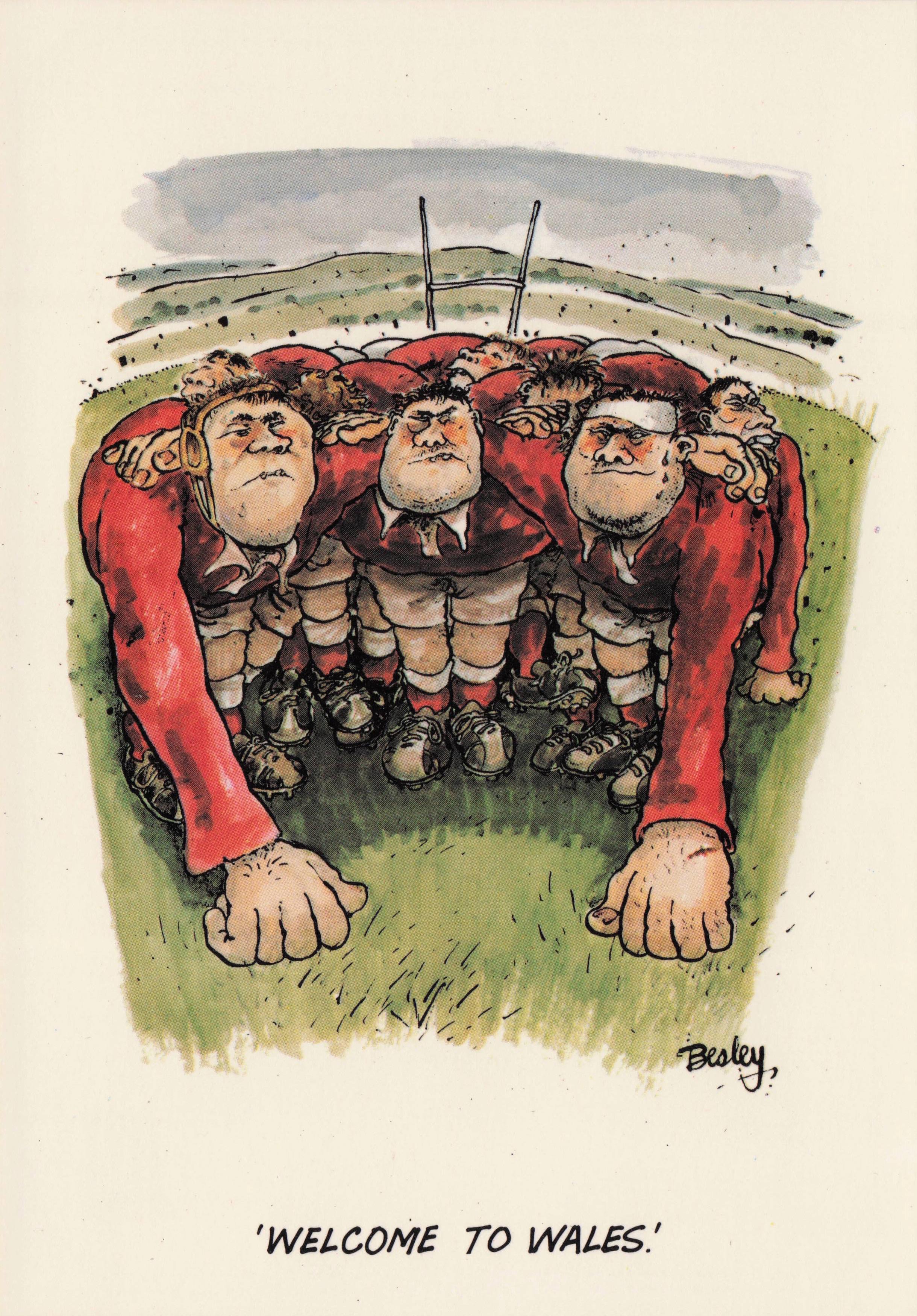 Welsh Crazy Sports Rugby Team Scrum Welcome To Wales Comic Postcard