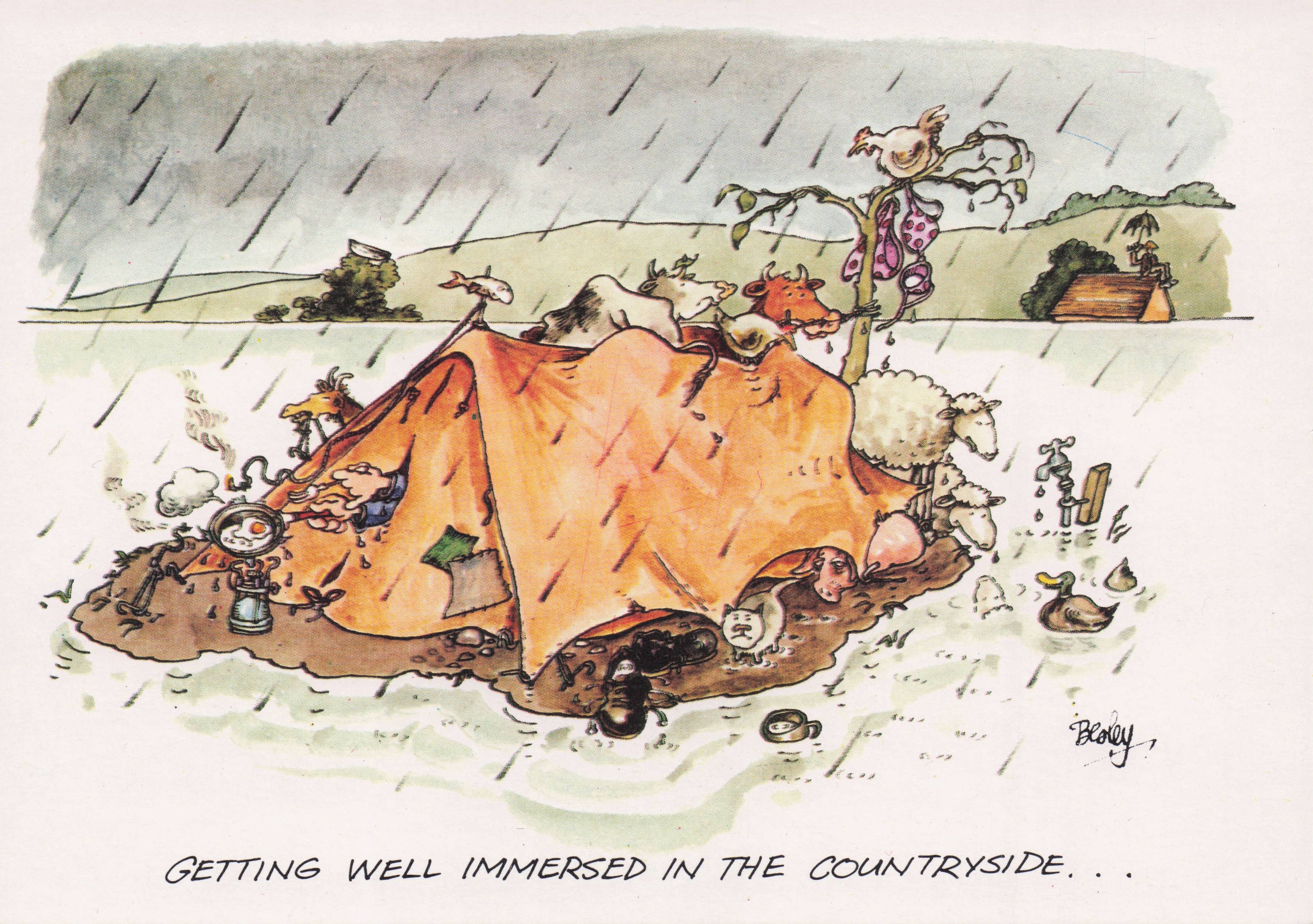 Disaster Weather Camping Holiday Storm Damage Tent Drowning Comic Postcard