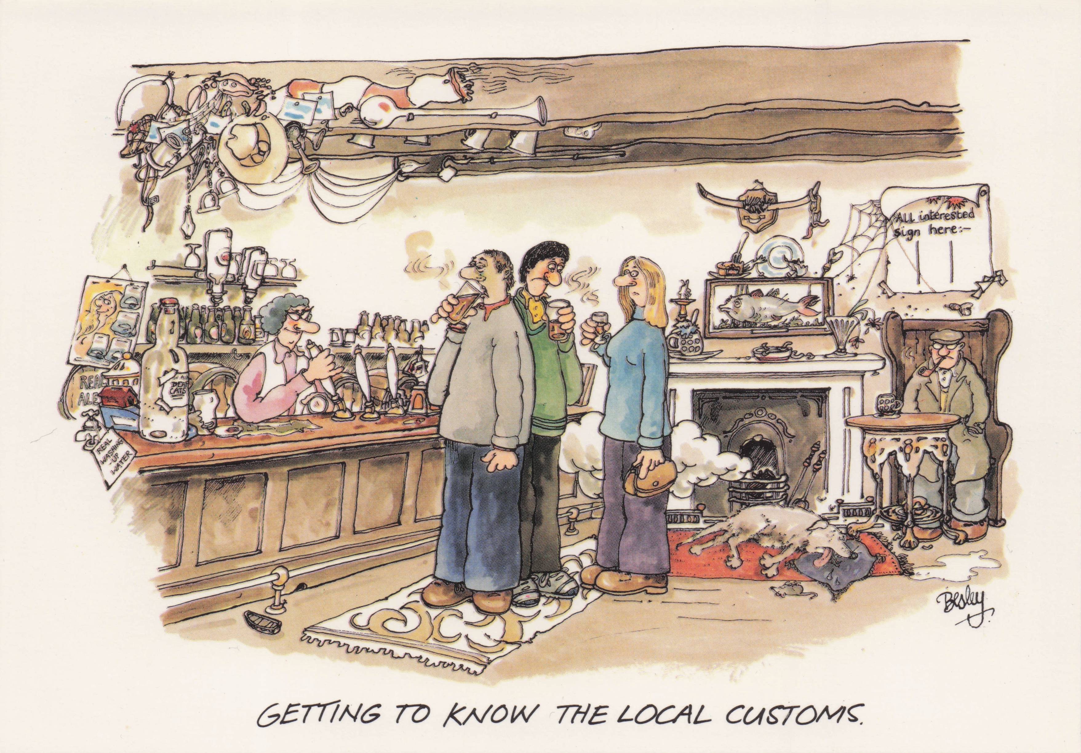 Evil Landlady Pub Inn Disaster Holiday Dead Animals In Bar Comic Postcard