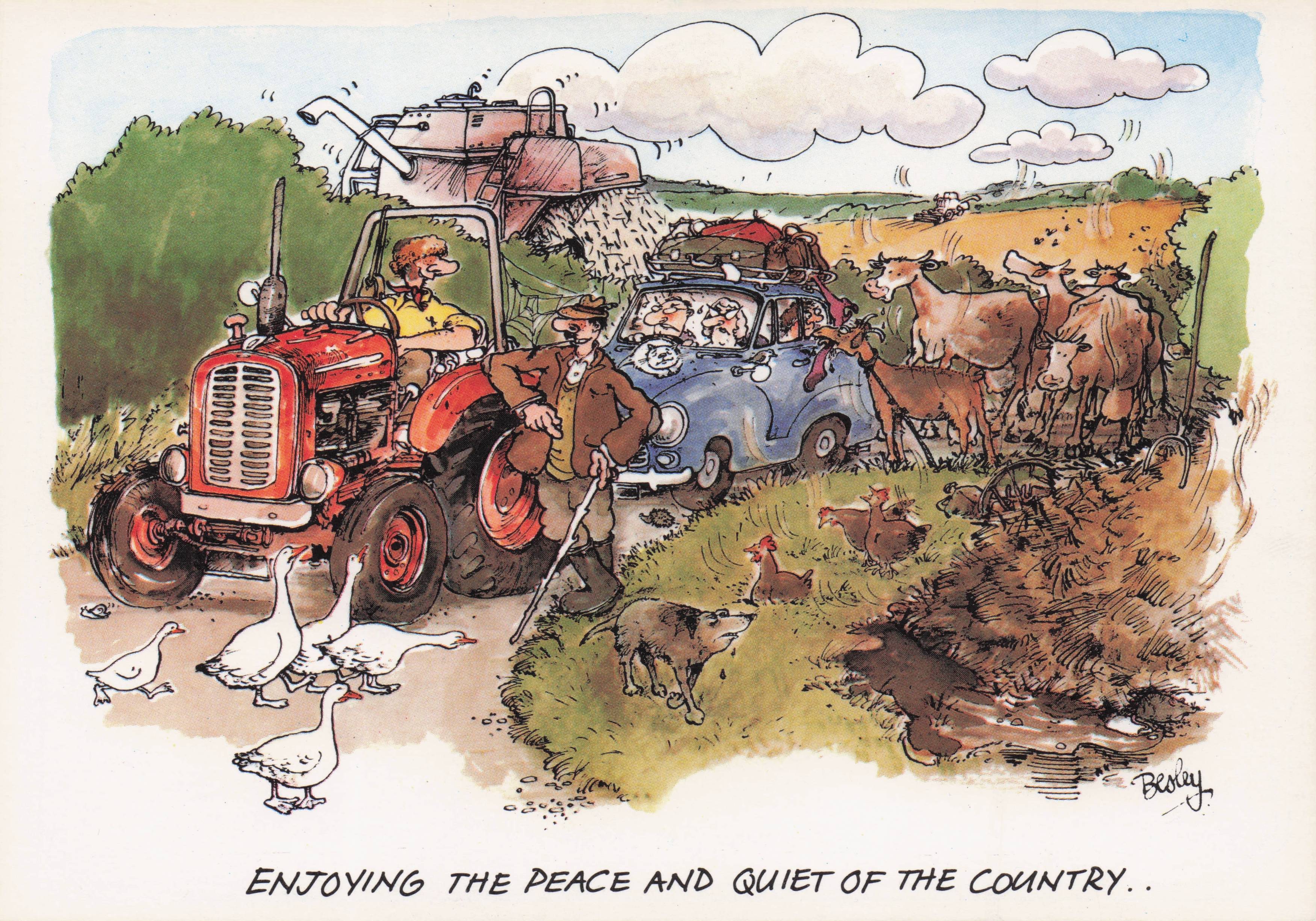Farm Tractor Breakdown Old Car Traffic Jam Disaster Holiday Comic Postcard