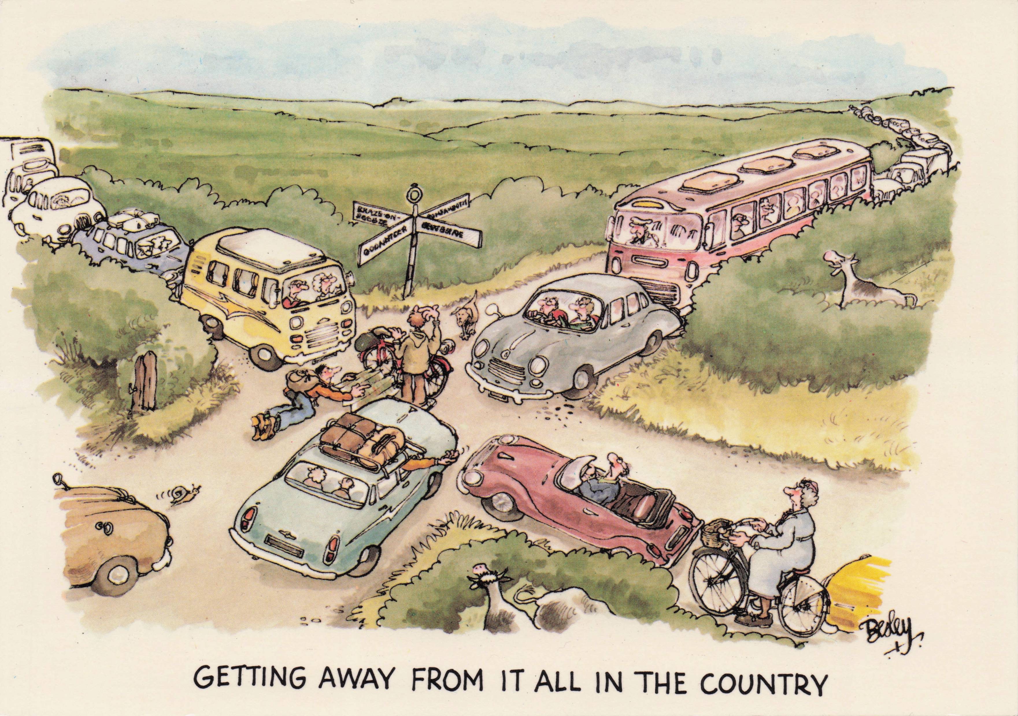 Coach Old Lady On Bicycle Cross Country Traffic Jam Transport Comic Postcard