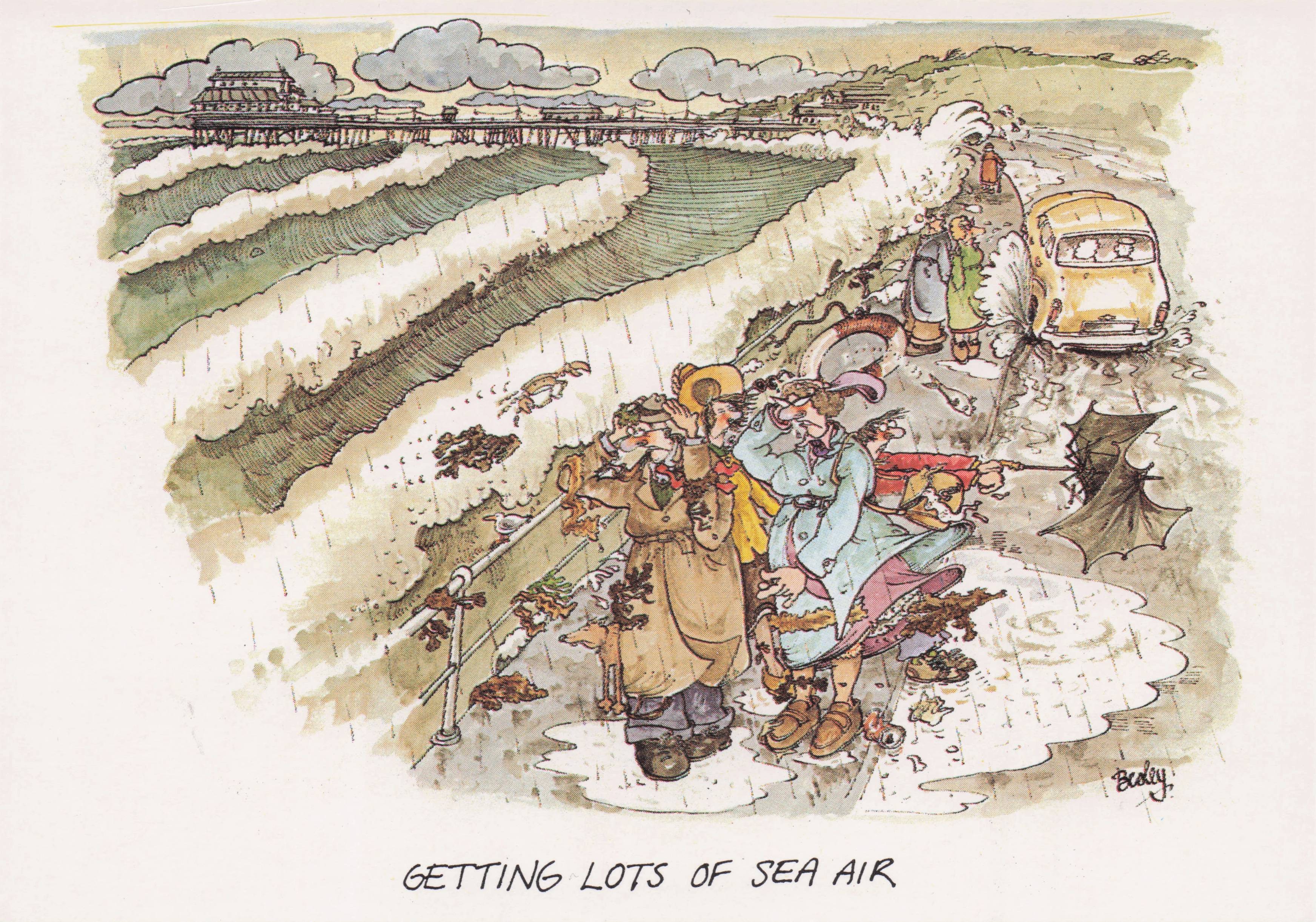 Disaster Holiday Pier Wrecked Weather Storms Car Breakdown Comic Postcard